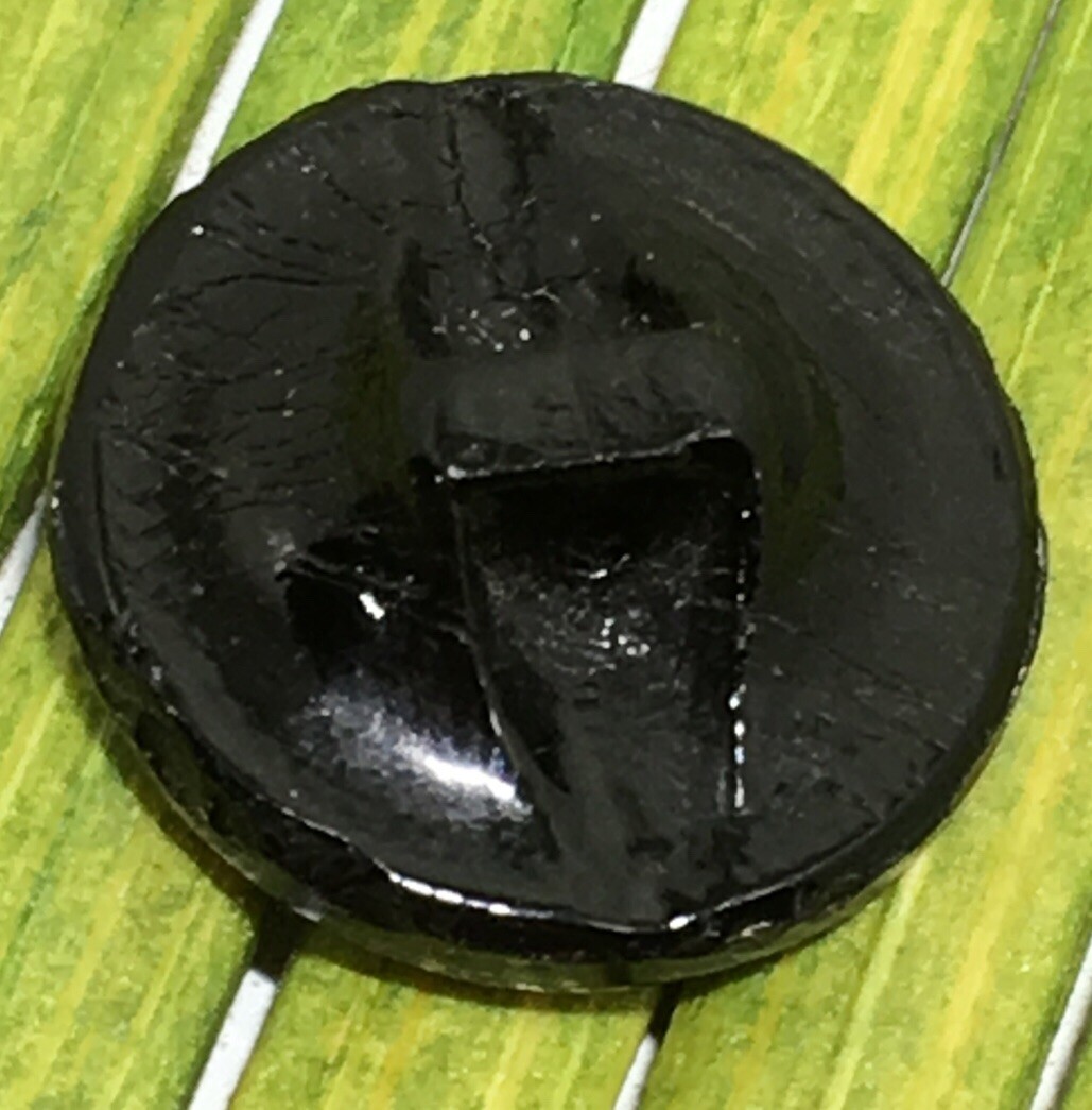 Antique Black Glass Button Silver Luster Flower Lacey Relief Tunnel Shank 1/2″