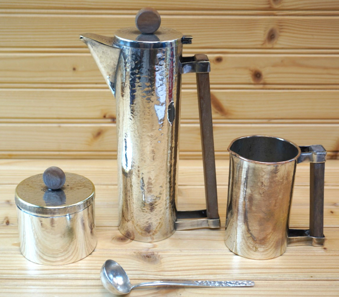 Silver Hammered Mid Century Modern Art Deco Coffee Set-Pot-Cream-Sugar-Spoon B15