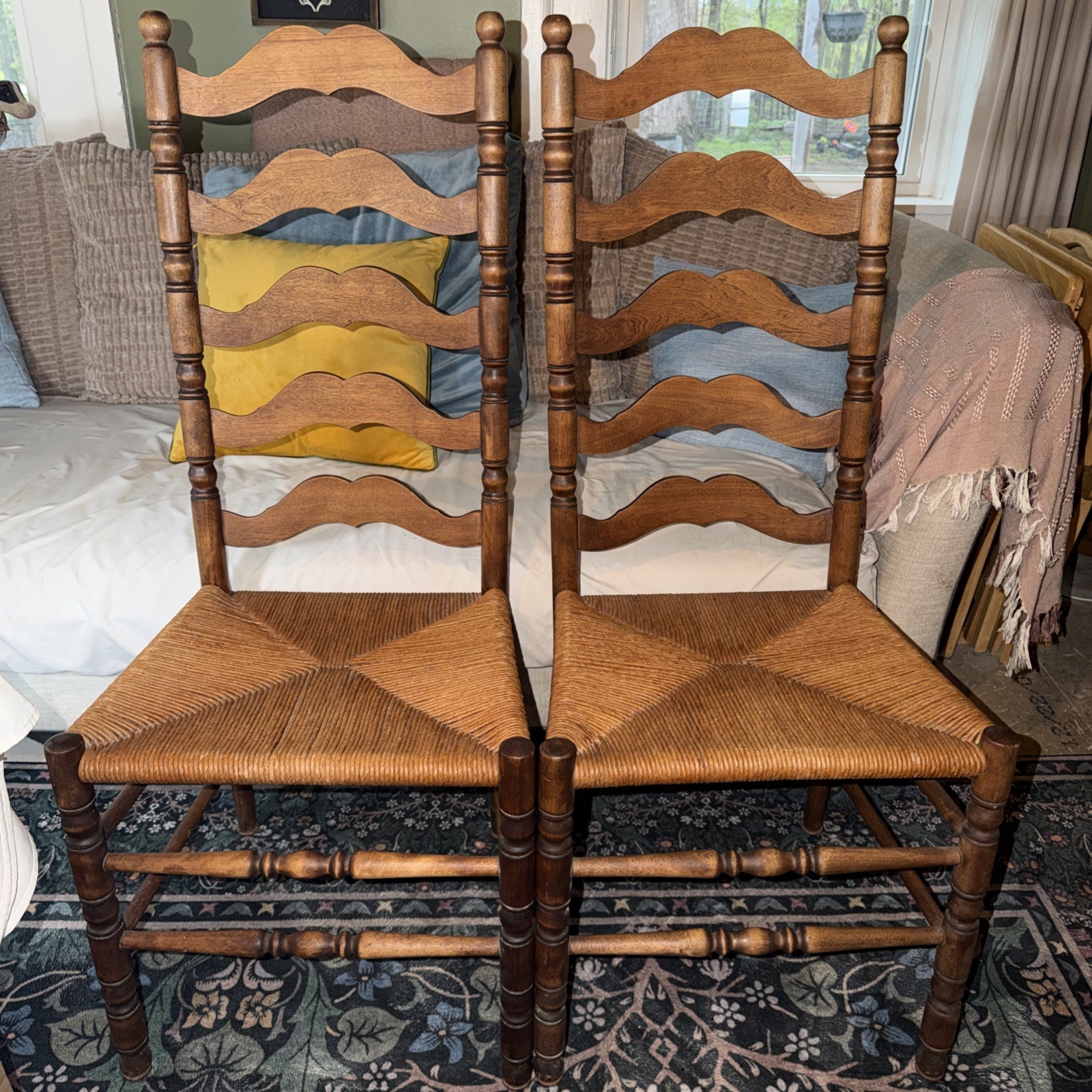 2 Vintage Ladder-Back Dining Chairs Woven Rush Seat Turned Wood Legs