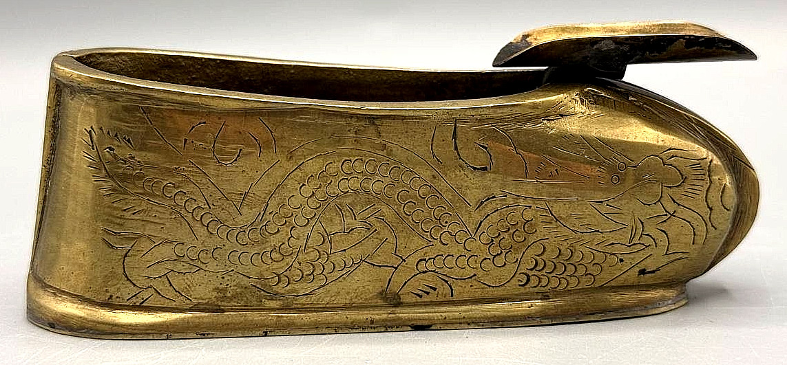 Vintage Chinese Brass Shoe Incense Holder Ashtray — Etched Dragon Decor