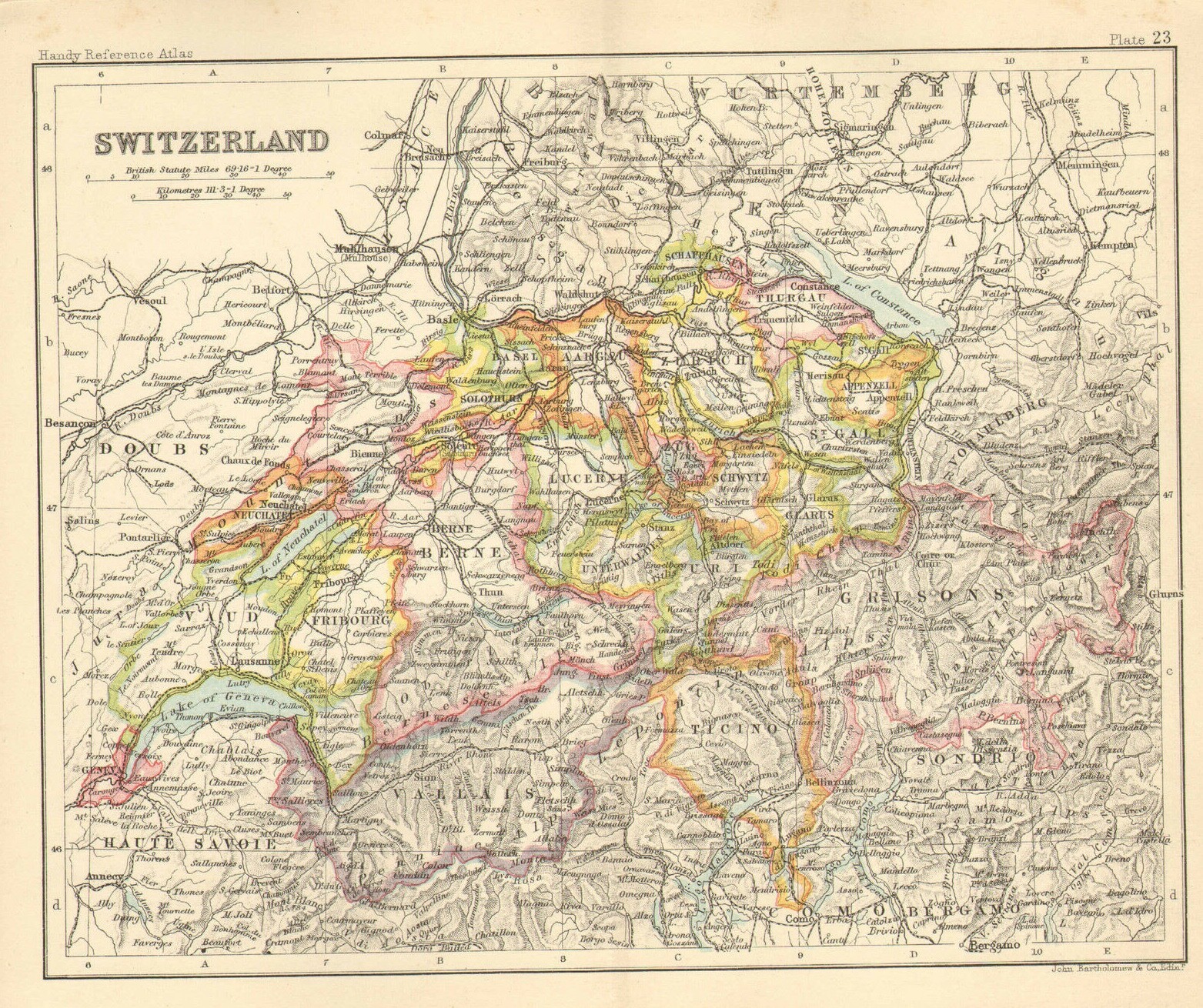1890 small map of ” switzerland ” by j. bartholomew 1890