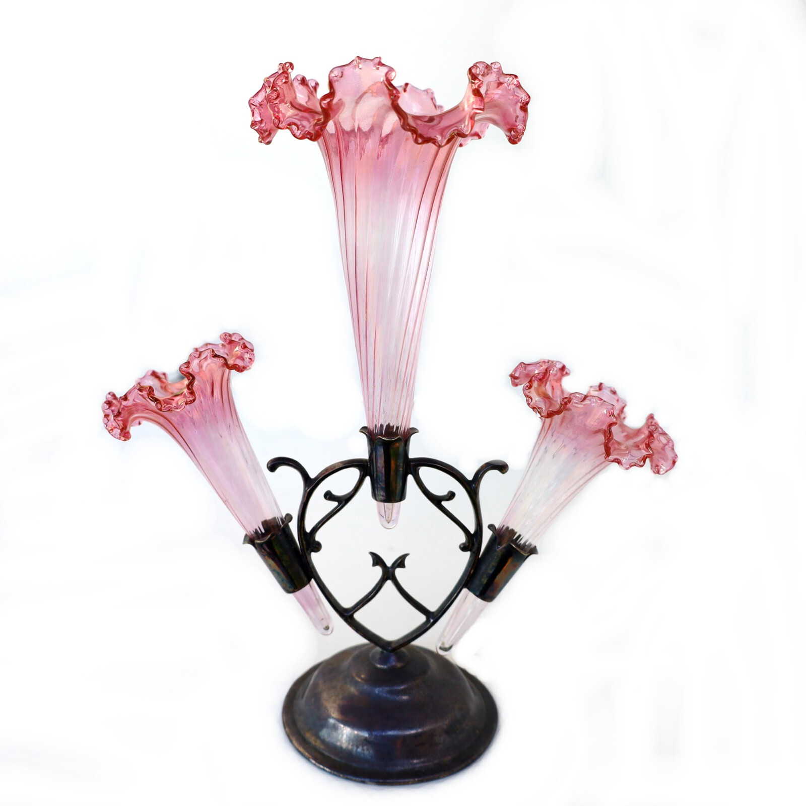 Antique Cranberry 3 Glass Epergne Vase Sheffield Marples & Co EPNS Metal Heart