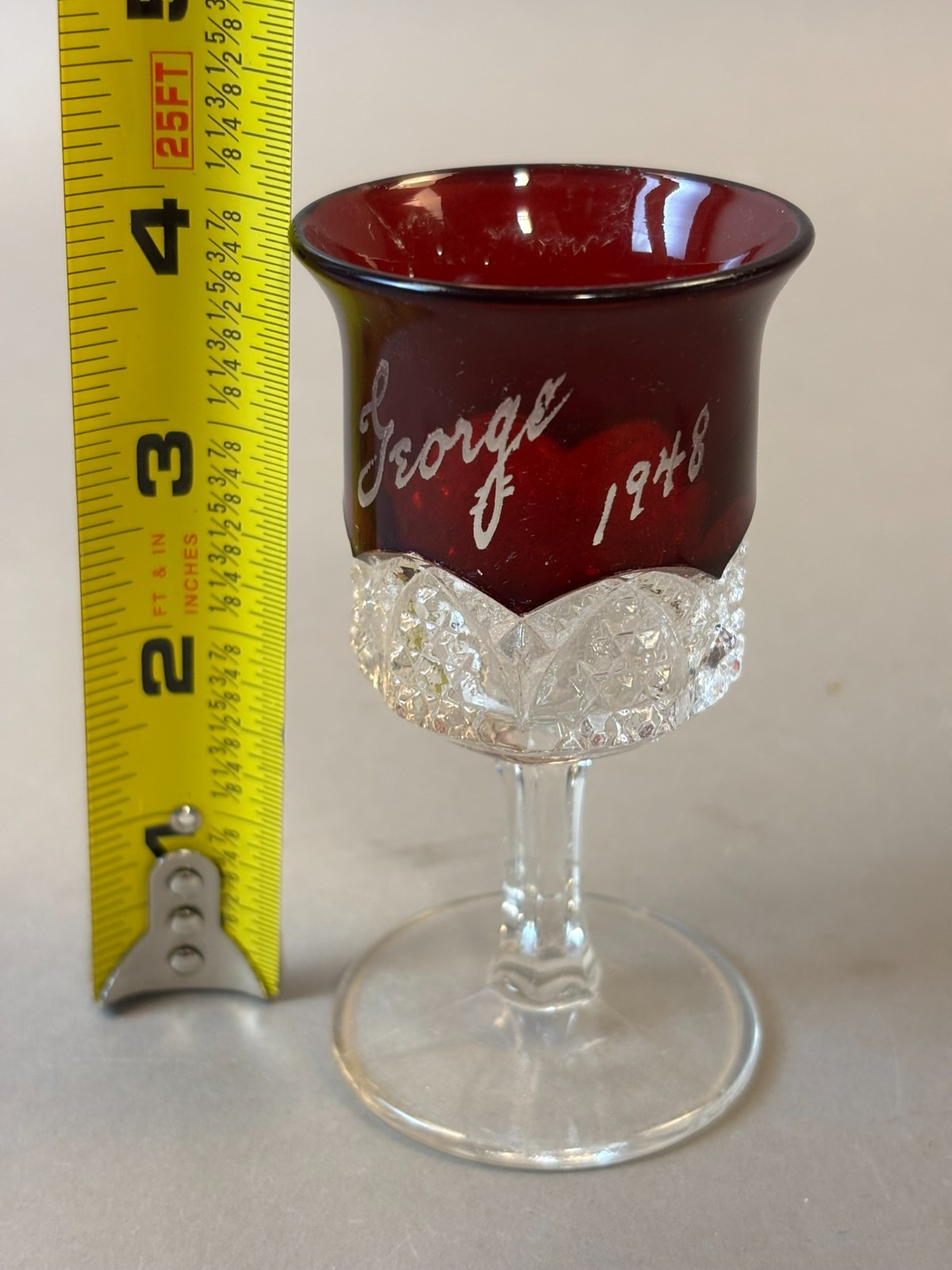 #1267 Antique GEORGE 1948 Ruby Red Flash Souvenir Glass CUT GLASS GOBLET