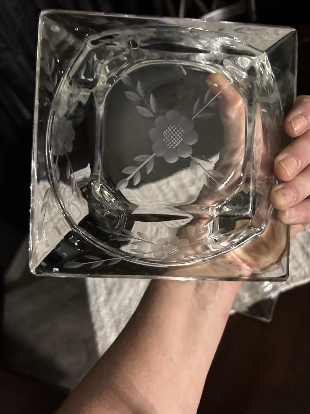 Crystal vintage Square Etched Flowers and leaflets on dish and top Box