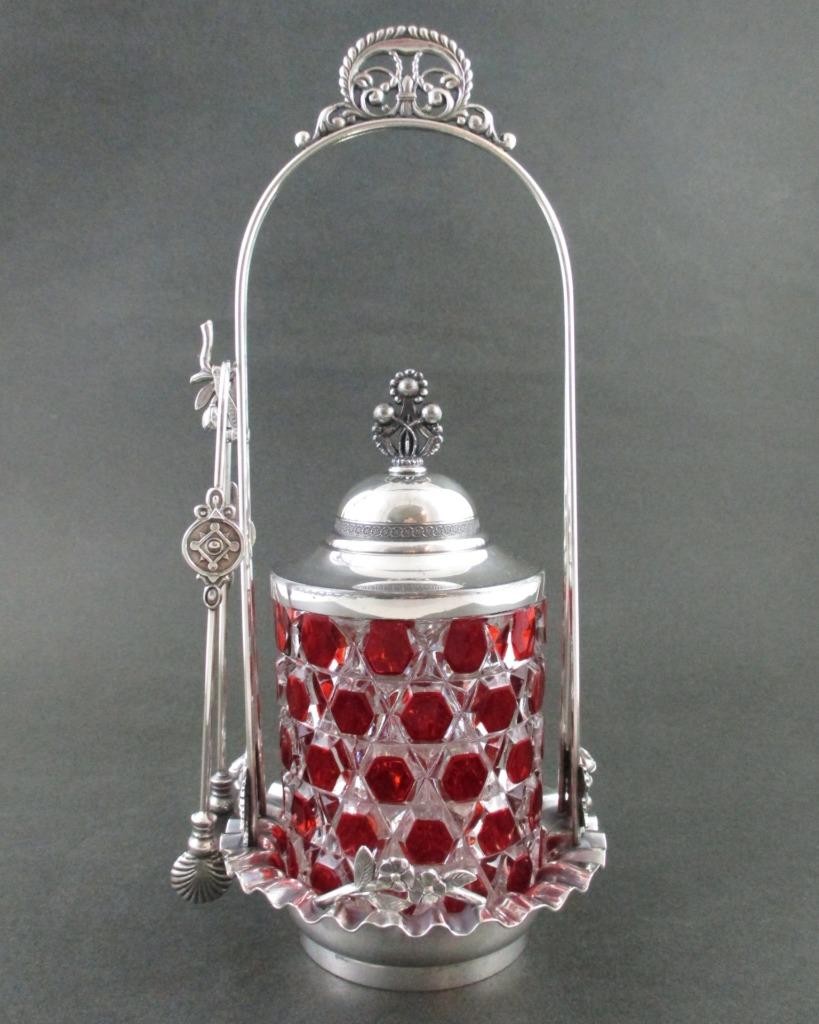 RUBY flashed EAPG Hex BLOCK jar – Antique PICKLE CASTOR – ACME #1135 Quad Silver