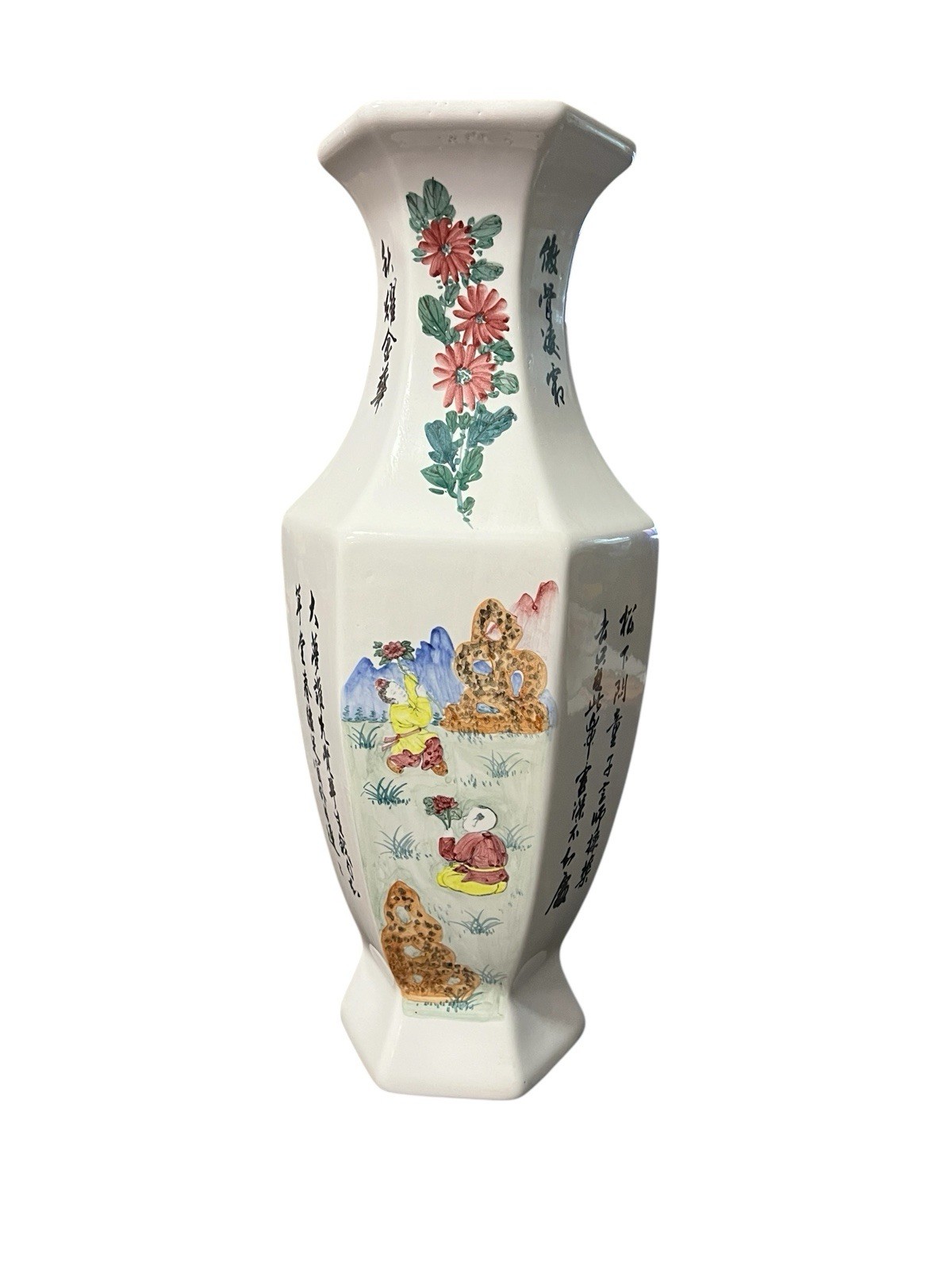 Chinese Rose Hexagonal Famille Vase 20” Vintage 1970’s – 1980’s Colorful
