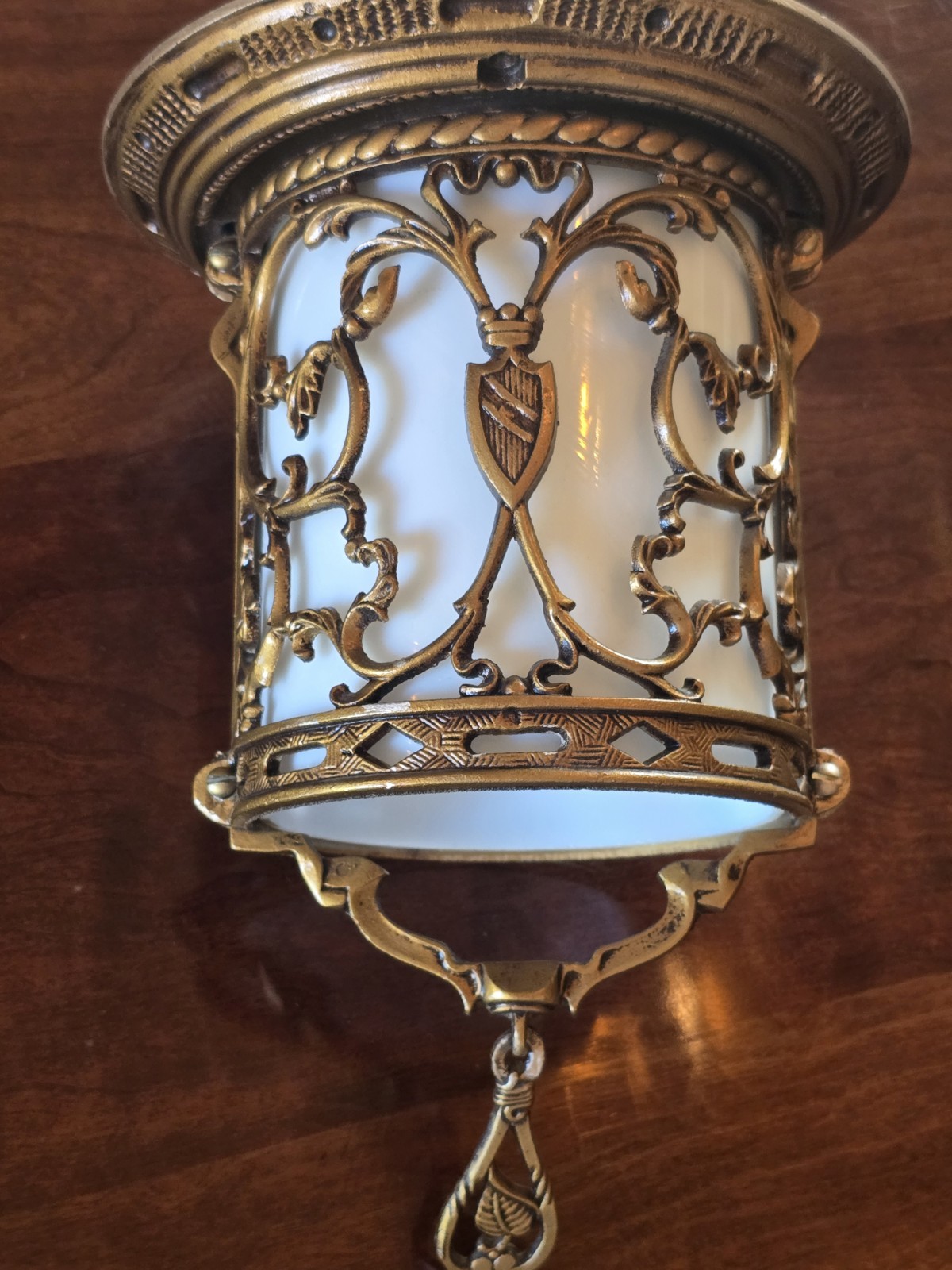 Antique 1940s Spanish Revival Gothic Pendant w/Milk Glass Shade Tudor Craftsman