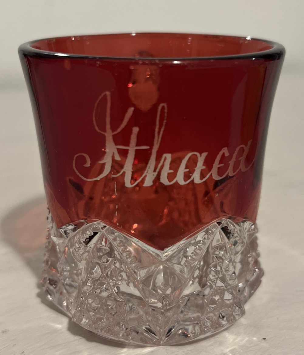 Antique Ruby Red Flash Souvenir Glass CUT GLASS COFFEE MUG Ithaca