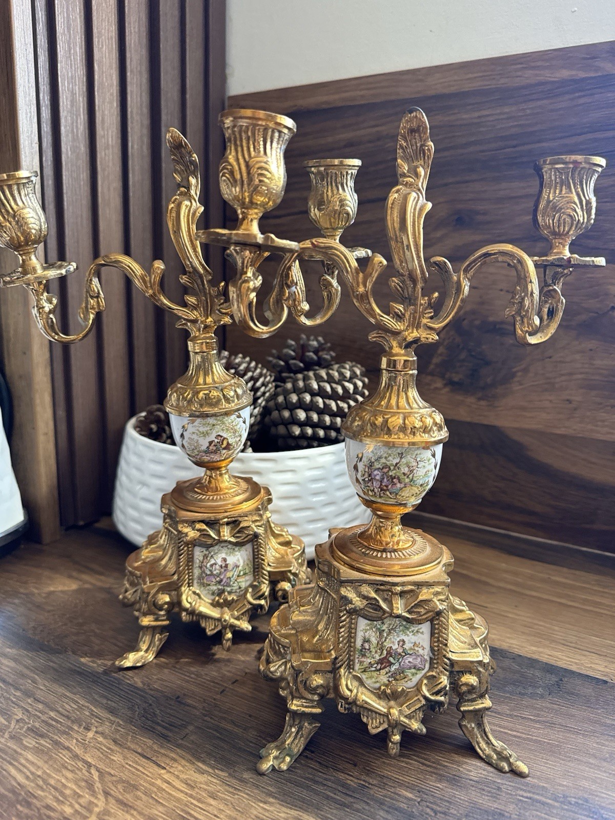 Luxury Vintage French Rococo Style Candelabra Pair Gilt Bronze & Porcelain