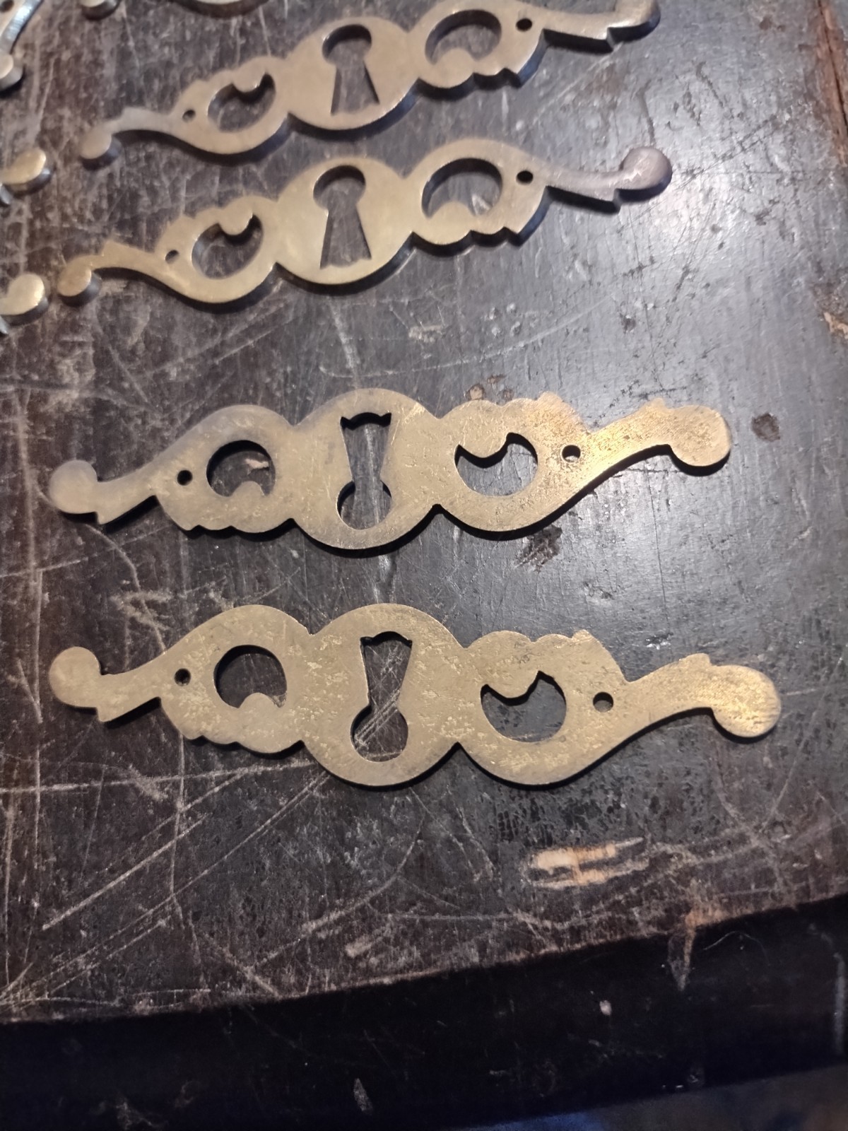 24 Fancy Vtg Solid Brass Drawer Keyhole Escutcheons Ornate