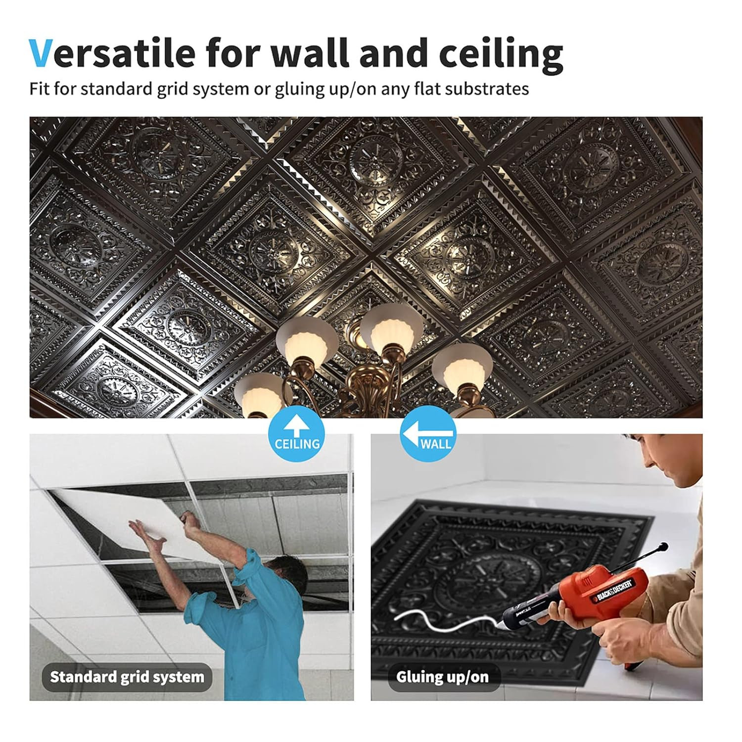 Drop Ceiling Tiles, Glue up Ceiling Tiles, 2’X2′ Plastic Sheet in Black (12-Pack