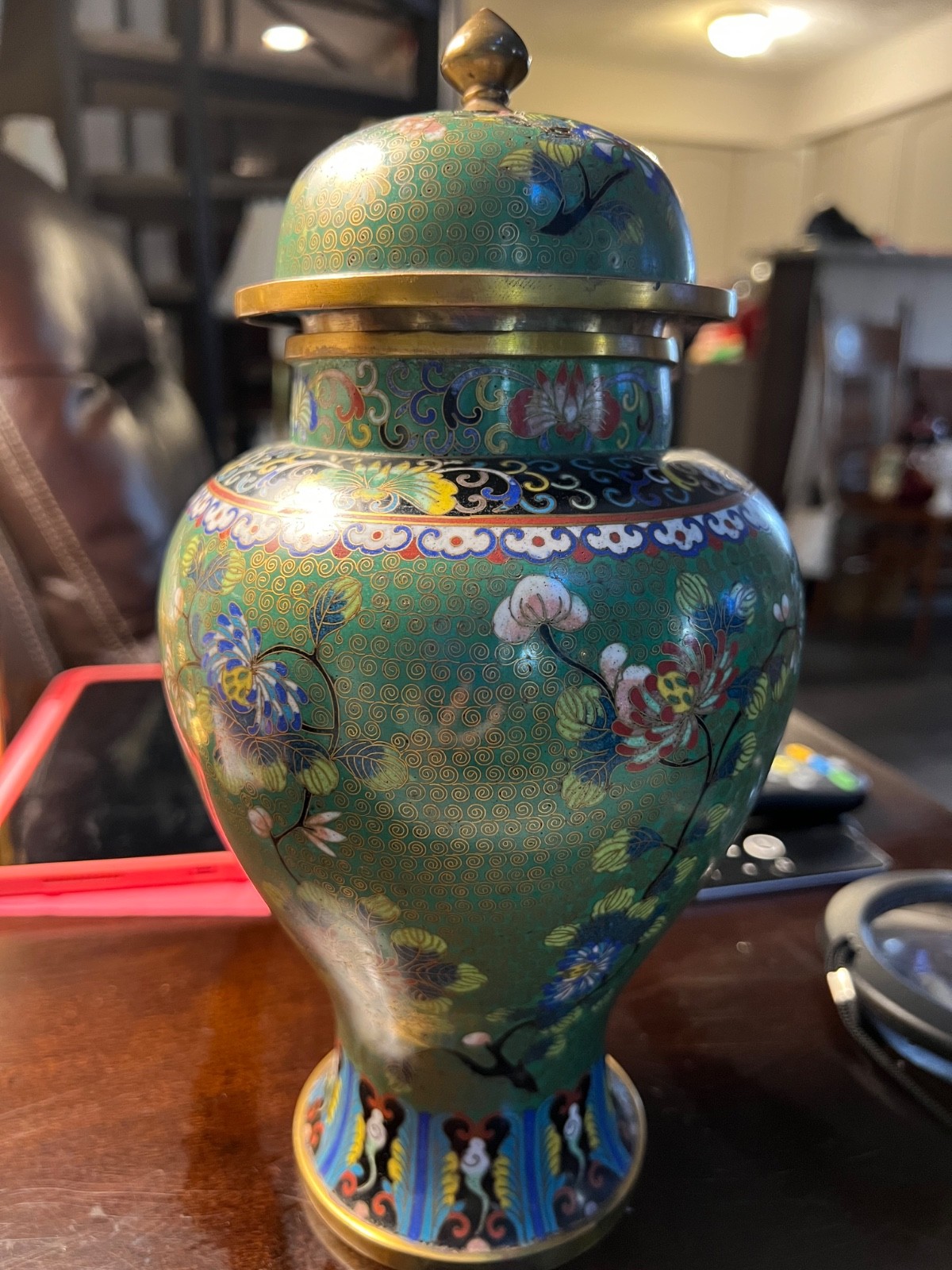 Antique Chinese Brass Cloisonne Urn Rare! 11 1/2”