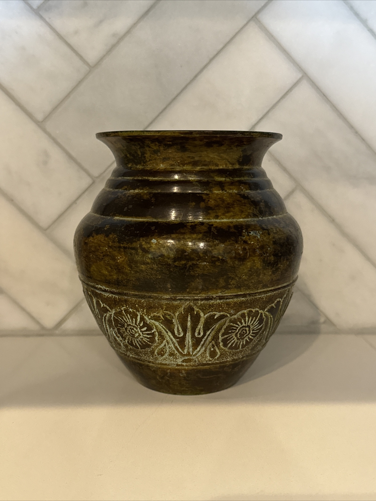 Antique Brass Ritual Holy Water Pot Original Old Hand Crafted Engraved