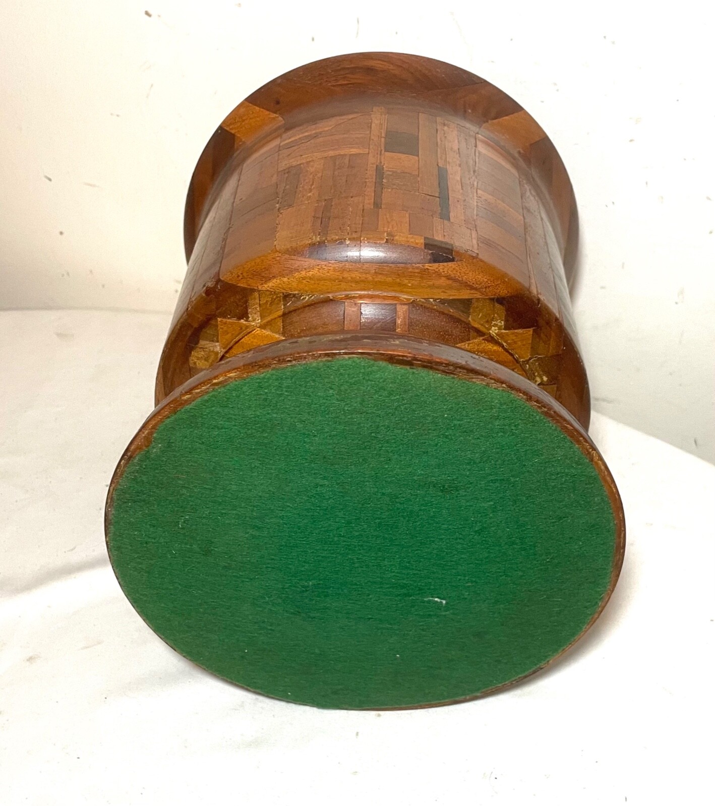 HUGE rare antique hand made turned carved wood marquetry mortar and pestle large