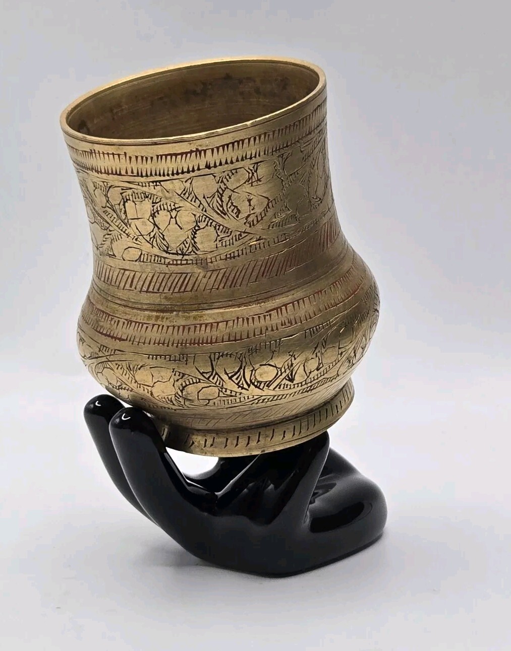 1900s Brass Detailed Engraving Panchpatra Pot • Religious Holy Water Cup • 3.5″H