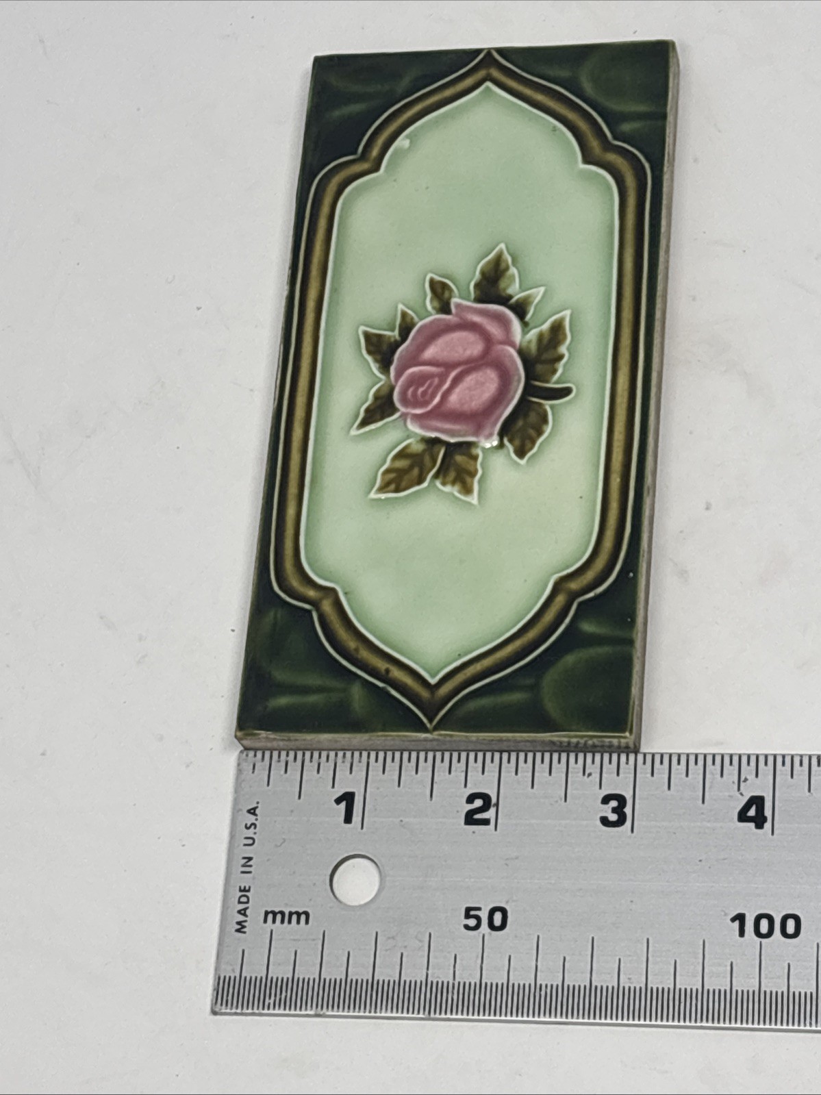 4 Vintage Art Nouveau Rose Pink Flower Border Tile Majolica 6” x 3” Japan