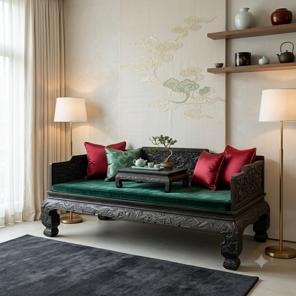 Oriental Dragon Relief Motif Solid Dense Tan Wood Luohan Daybed ws4970