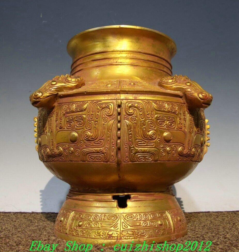 9″ Old Chinese Dynasty Bronze Ware Gold Sheep Head Beast Face Wine Jar Pot Crock