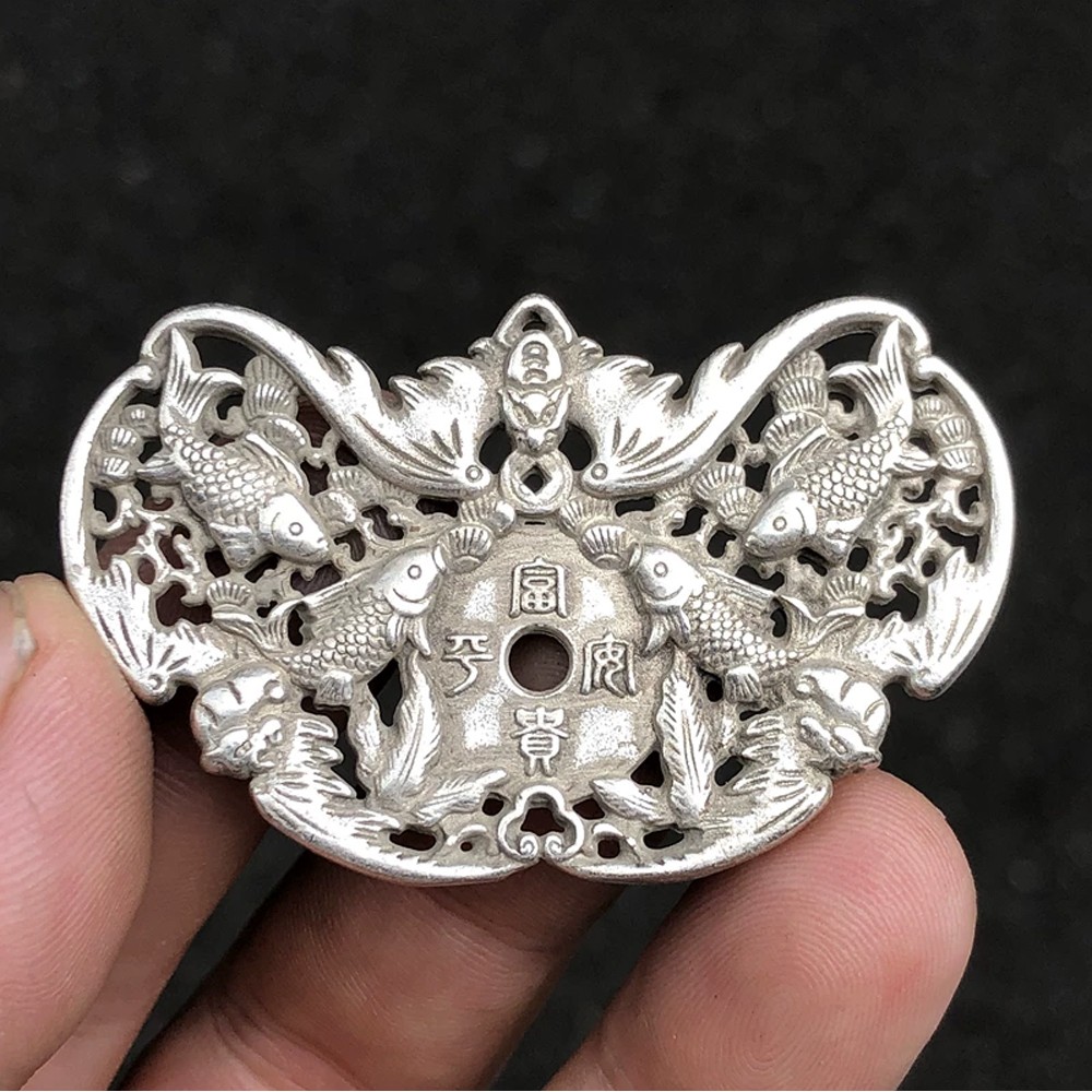 Chinese Old Antique Collection Tibetan Silver Hand Carved Bat Carp Pendant