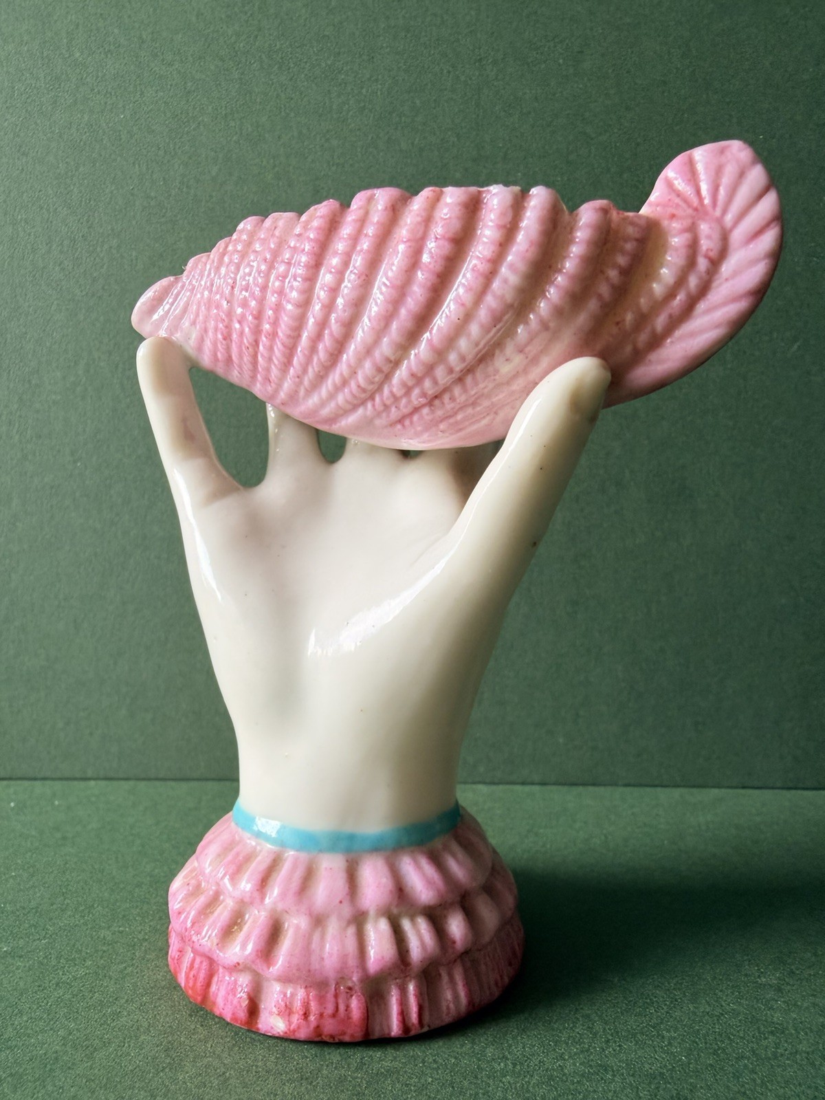 Wonderful Antique Victorian Porcelain Hand Holding Pink Shell Open Salt Majolica