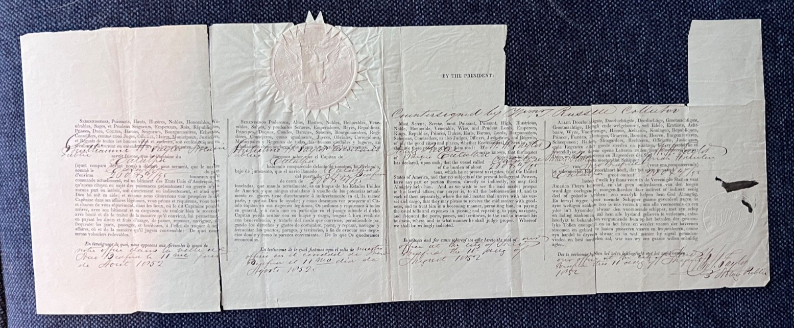 1852 Ship’s Passport Sea Letter Catalpa New Bedford Maritime Ephemera