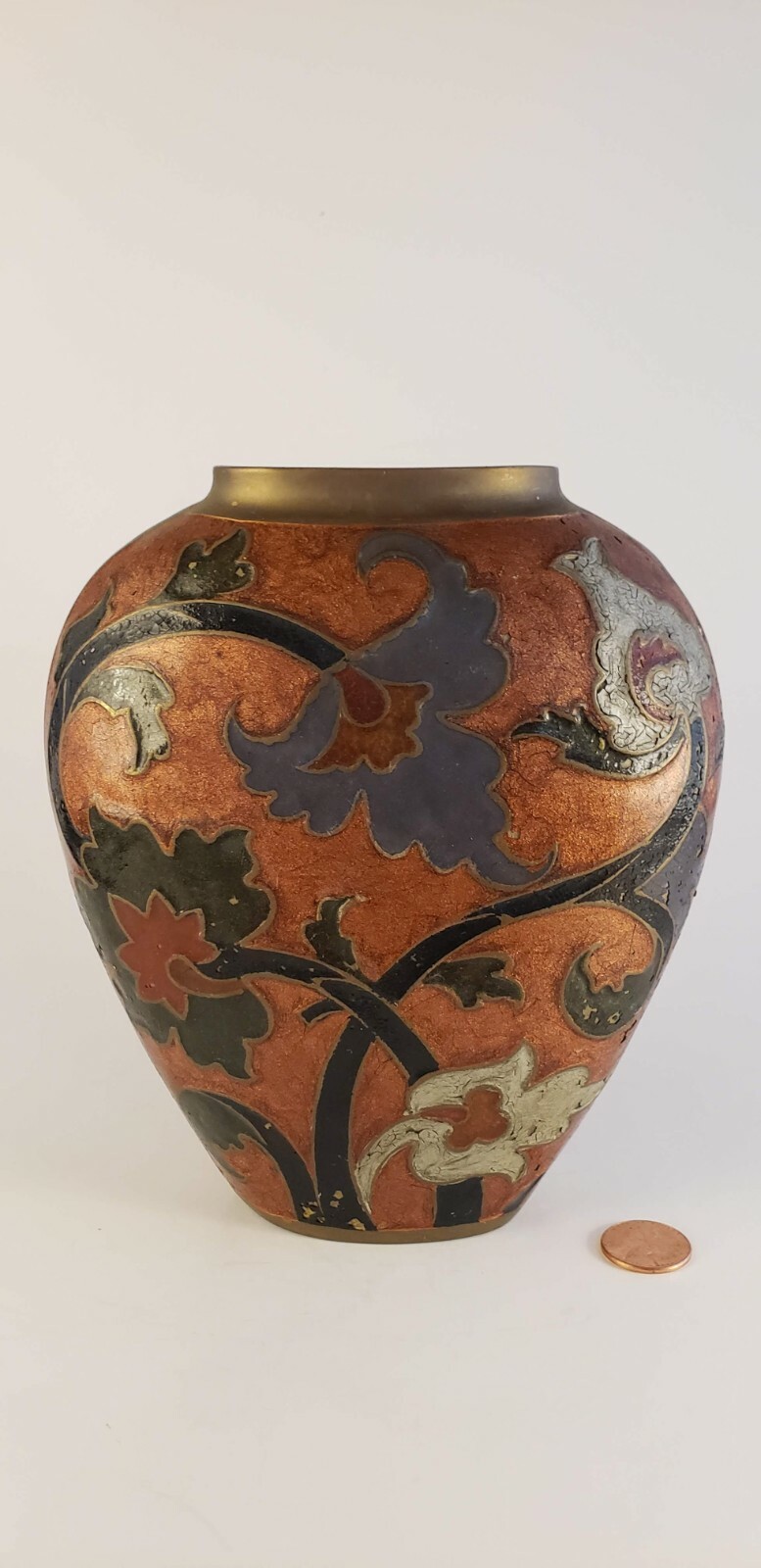 Vintage Solid Heavy Brass Vase with handpainted flower design