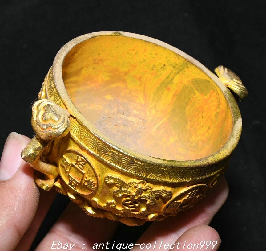 3.5″ Old Dynasty Pure Bronze Gilt Flower Pattern Double Ruyi Ears Wine Cup