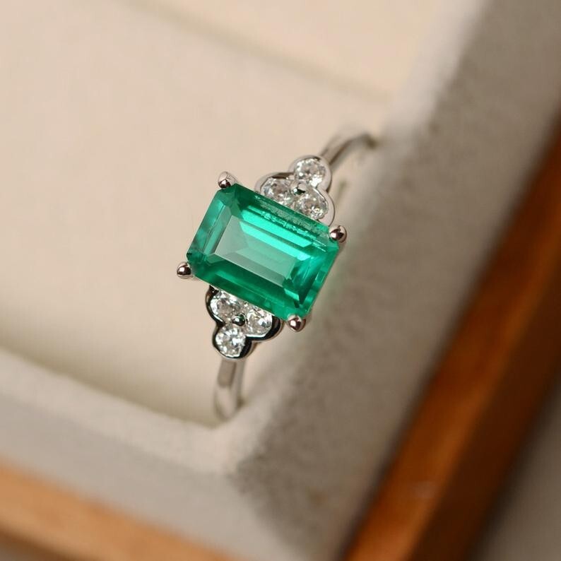 2.20 Ct Emerald Natural Emerald Diamond Engagement Ring 14K White Gold Size 7