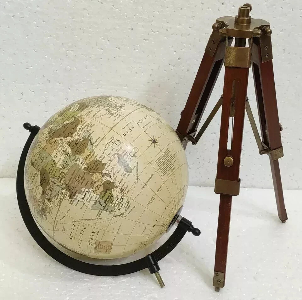 Globe World Tripod Map Stand Nautical Wooden Table Antique Decor Vintage Atlas