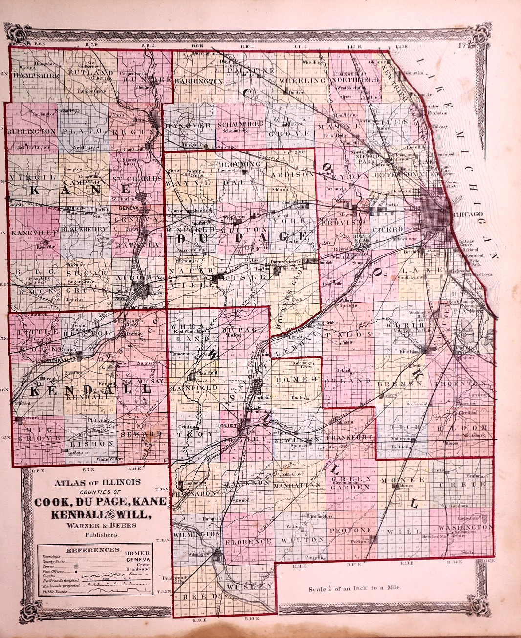 1873 Map – Cook, Du Page, Kane, Kendall & Will Counties, IL by Warner & Beers