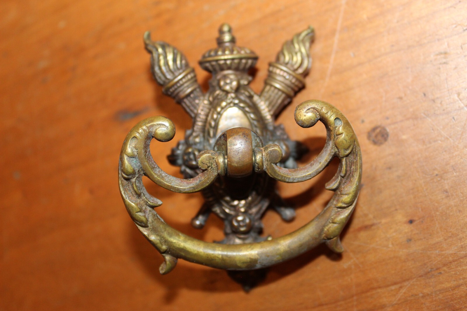 Antique Cast Bronze Drawer Drop Bail Pull Aged Patina Marked Arco 4189 K-25