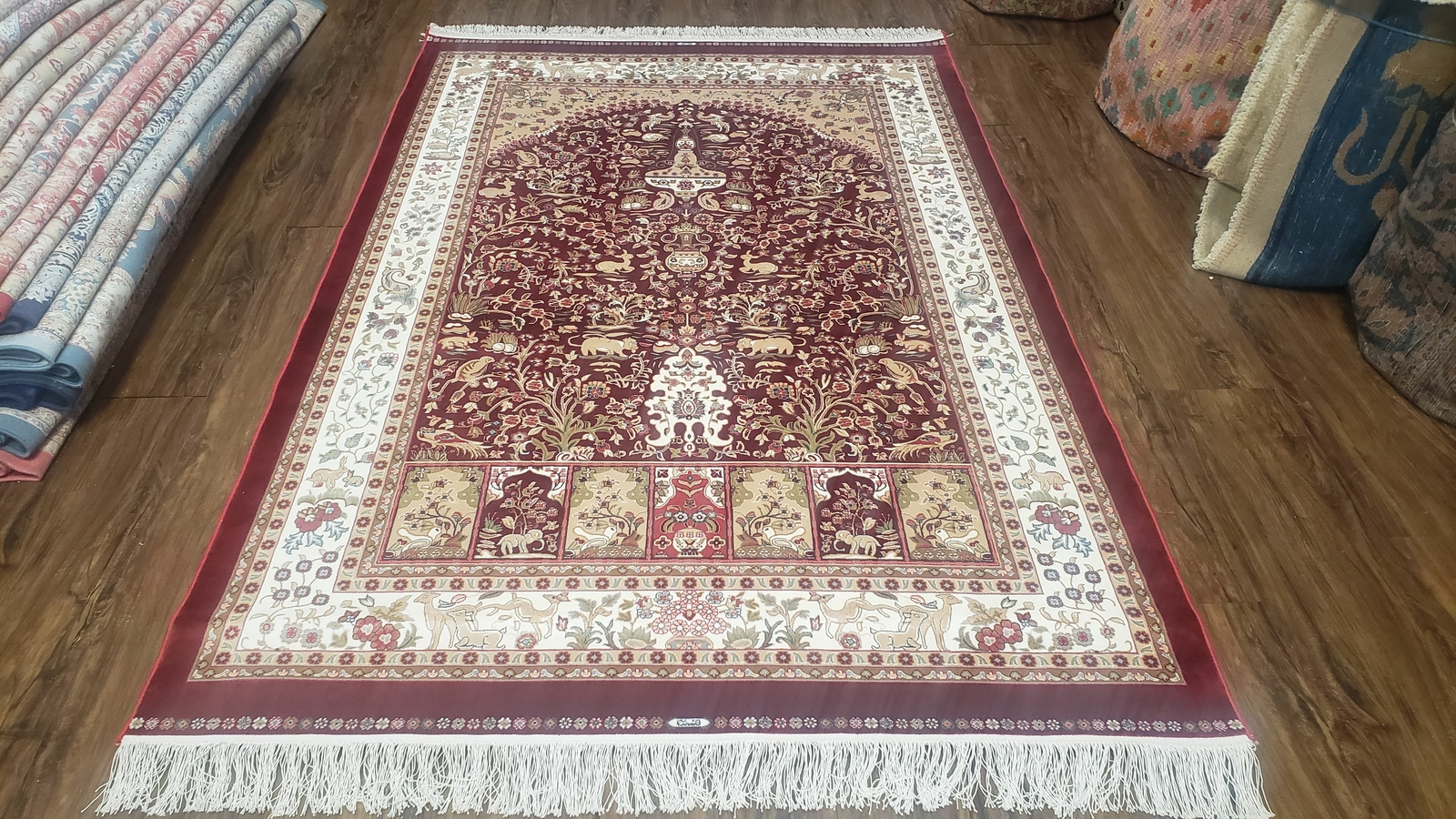 Silk Carpet 4×6 Dark Red & Cream Tree of Life Rug Birds Deer Rabbits Bamboo Silk
