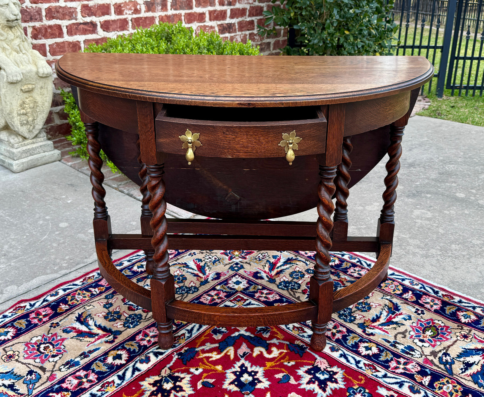 Antique English Demilune Table Drop Leaf Barley Twist w Drawer Oak ROUND 1920-30