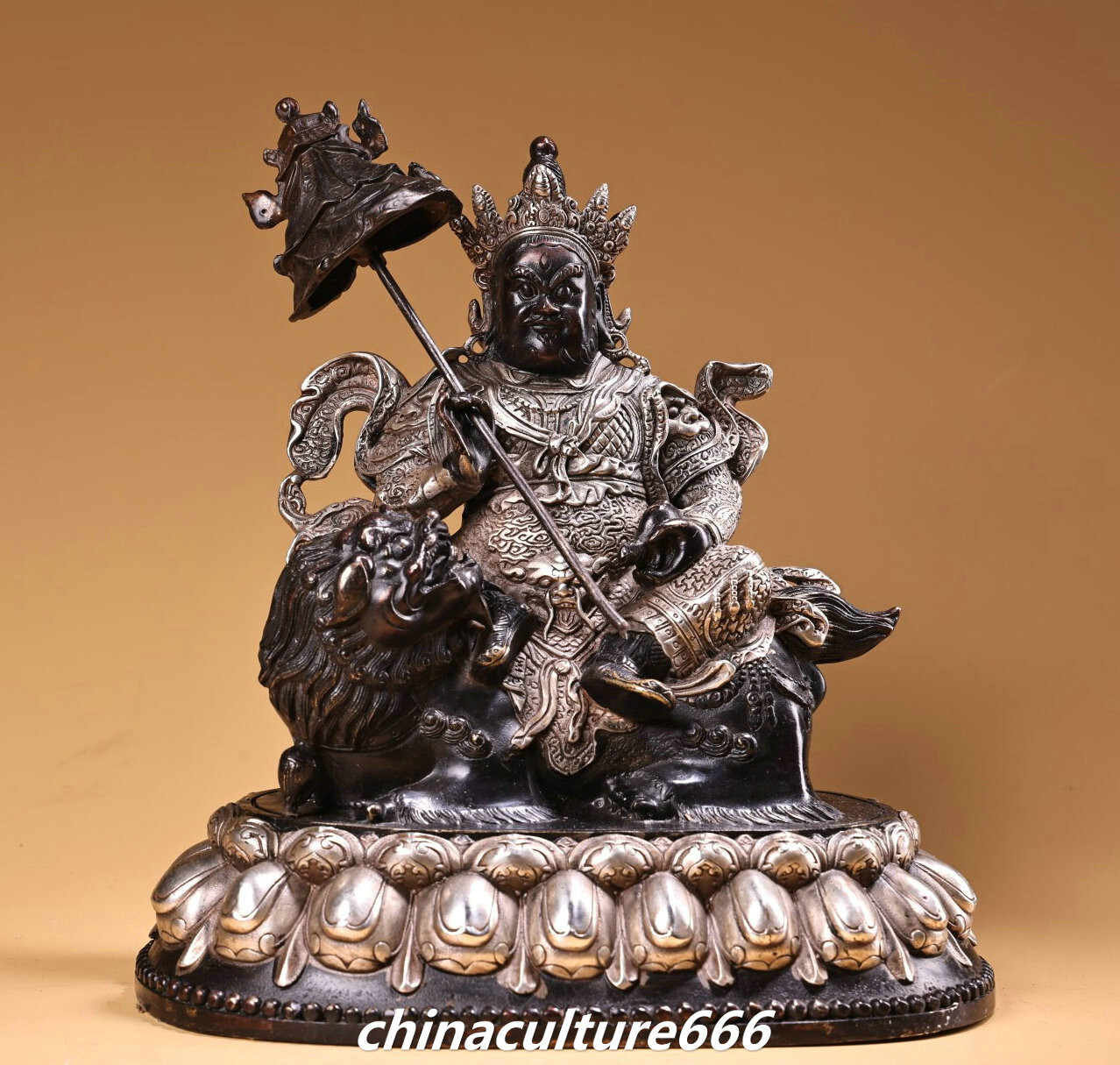 8.2″ Tibet Pure Bronze Silver Vaishravana On Lion Protector Deity Buddha Statue