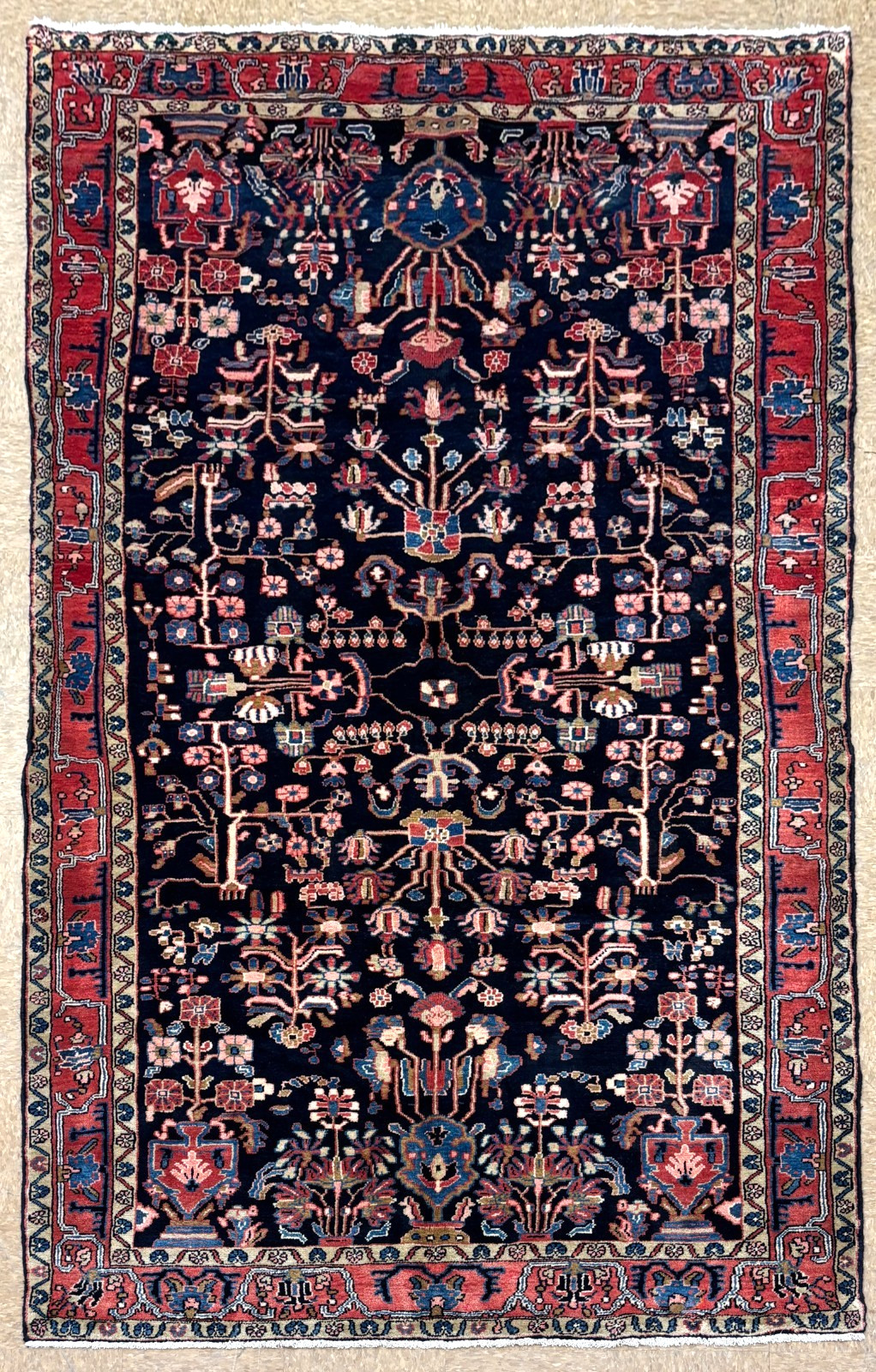 Hand Knotted Nahavand Tribal Rug 5×10 Vintage Wool Navy Blue Oriental Carpet