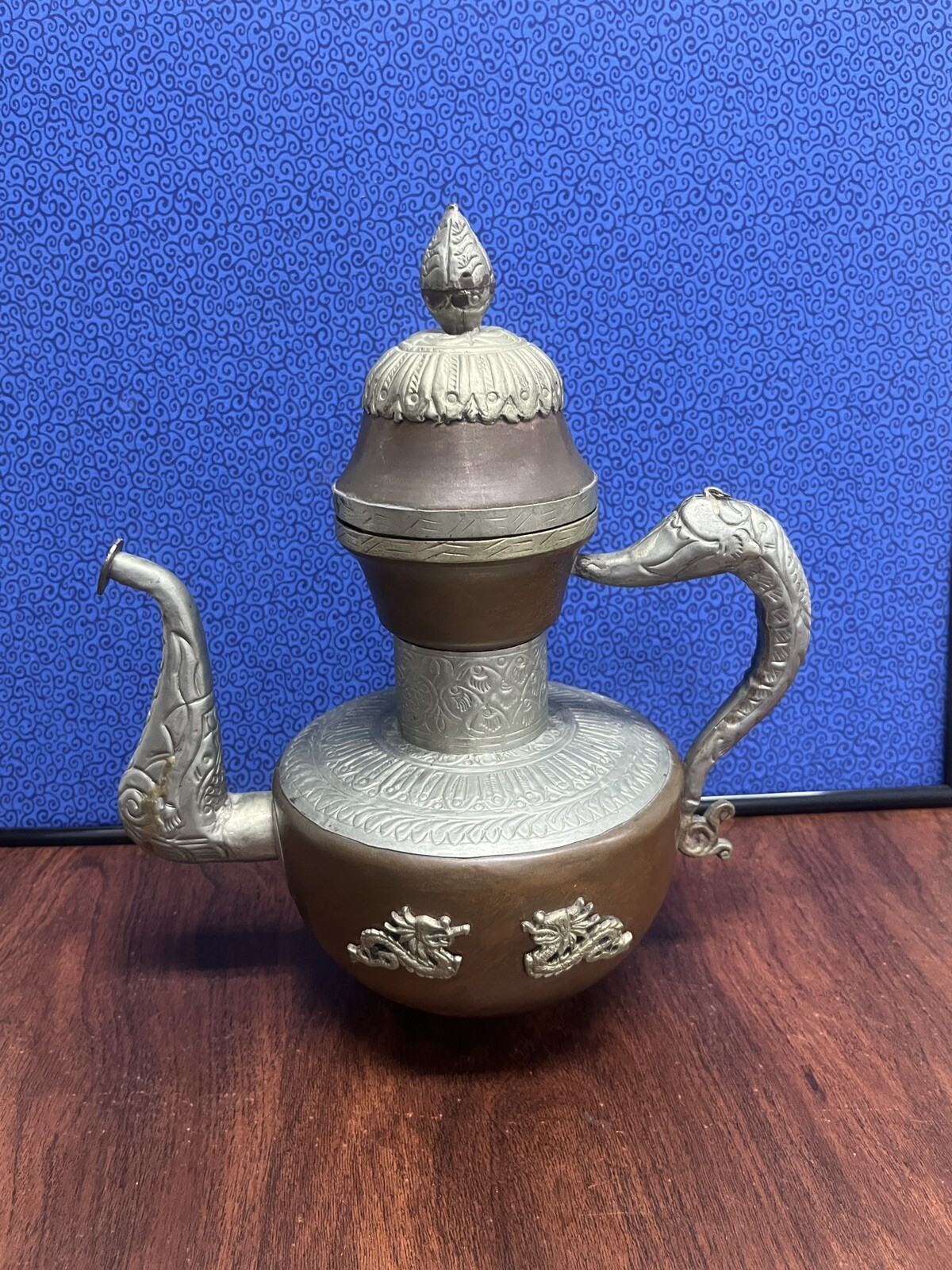 Antique Tibetan Tea Pot Ewer Copper With Silver Repose Decoration Asia Antique