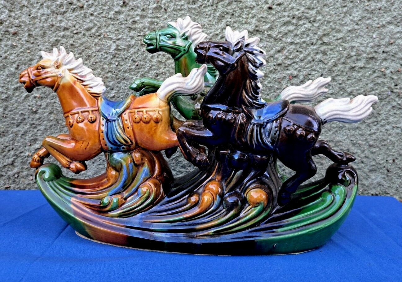 Vintage Majolica/Pottery Porcelain Galloping Horses Sancai Tang D style,36cm 14″