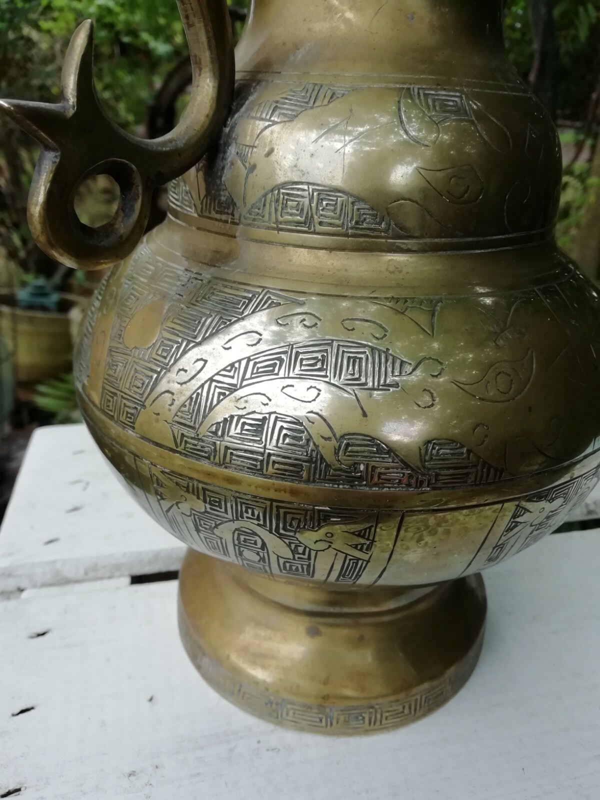 Heavy Antique Chinese Solid Brass Engraved Vase Urn Serpent Handles 2.25 Kilo’s