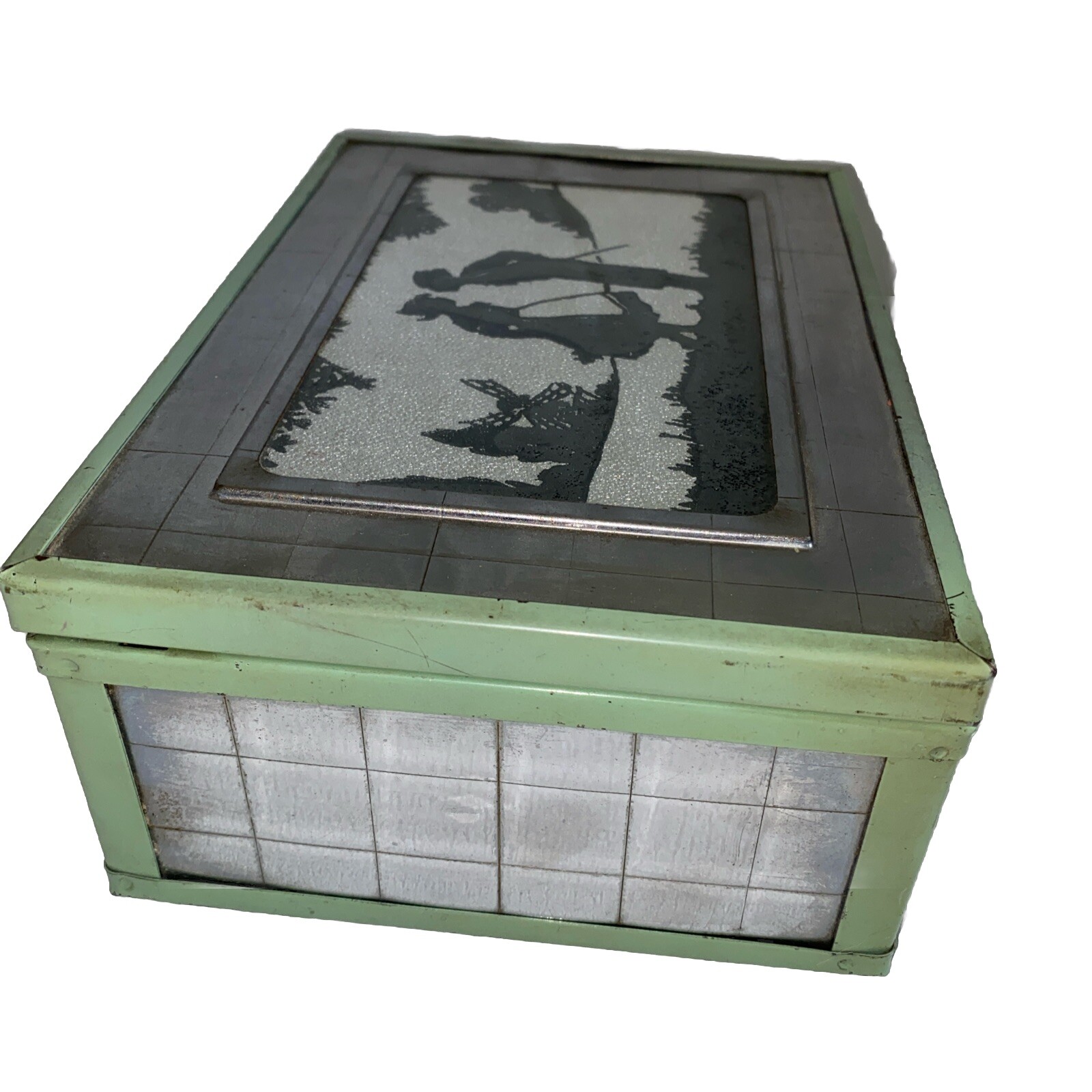 ART DECO CHROMIUM DRESSER JEWELRY BOX SILHOUETTE GREEN METAL WOOD INTERIOR 1920s