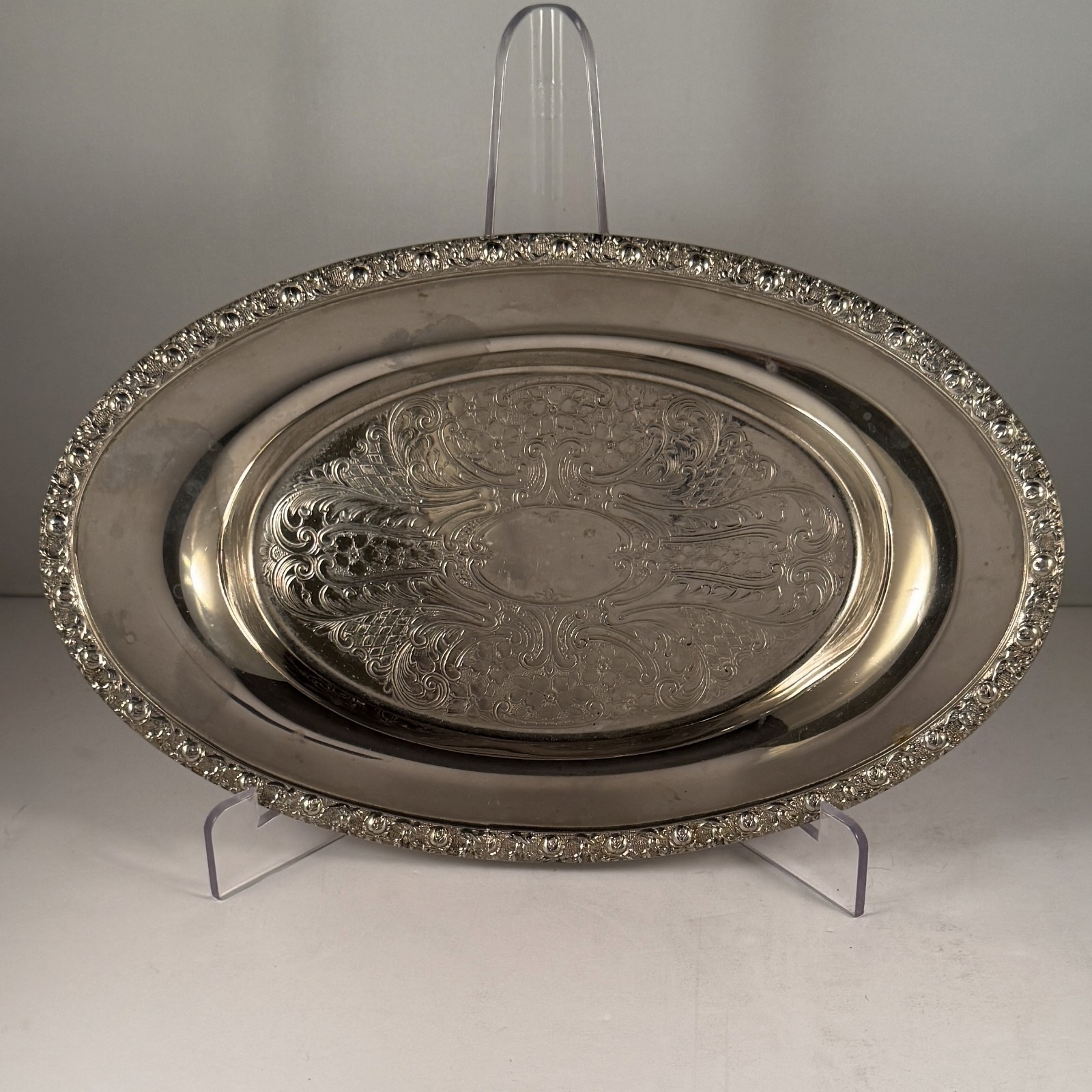 Academy Silver on Copper Oval Serving Tray #304 Engraved Floral Rim 11×7