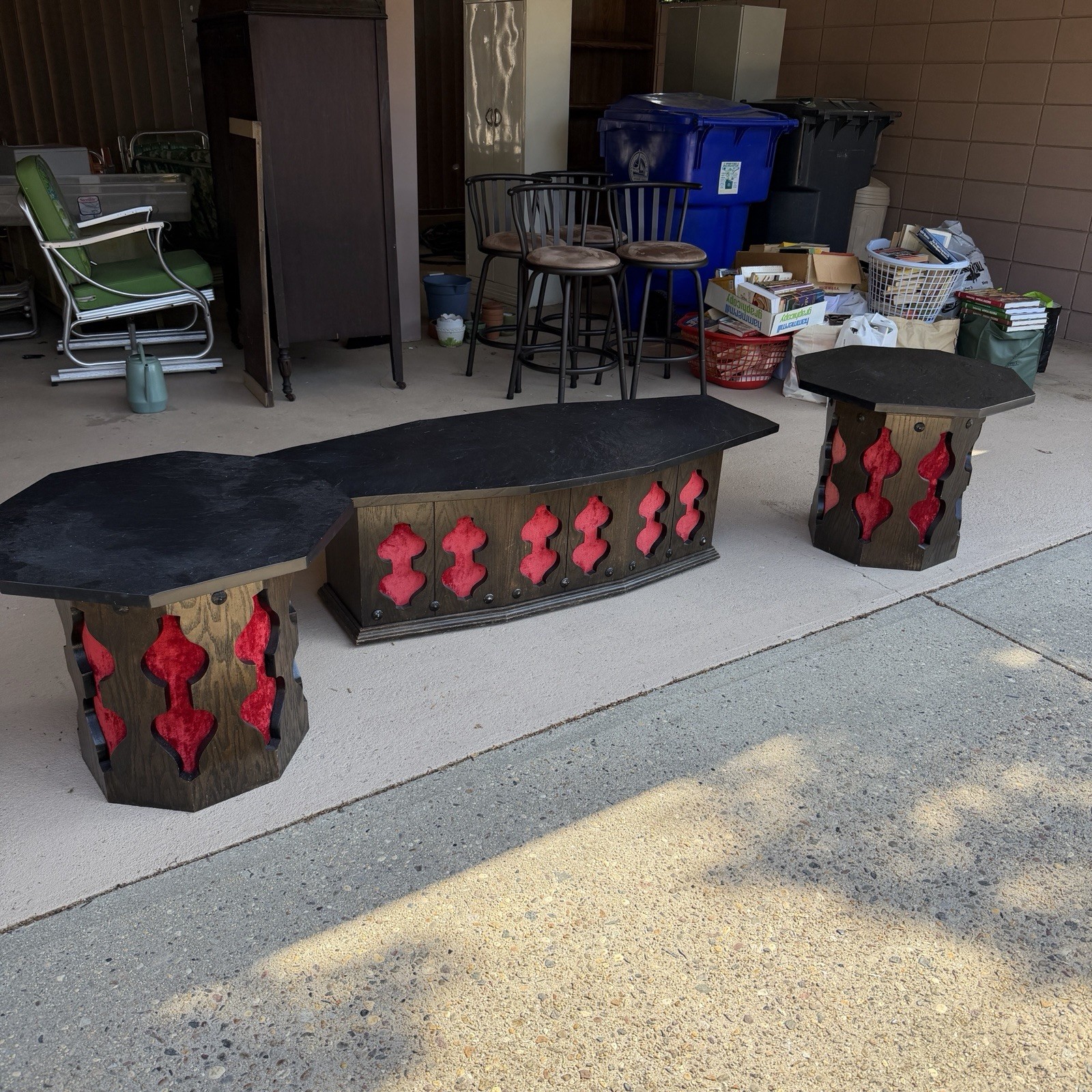 1960s–70s Gothic Brutalist Coffee & End Table Set Red Black Coffin Furniture