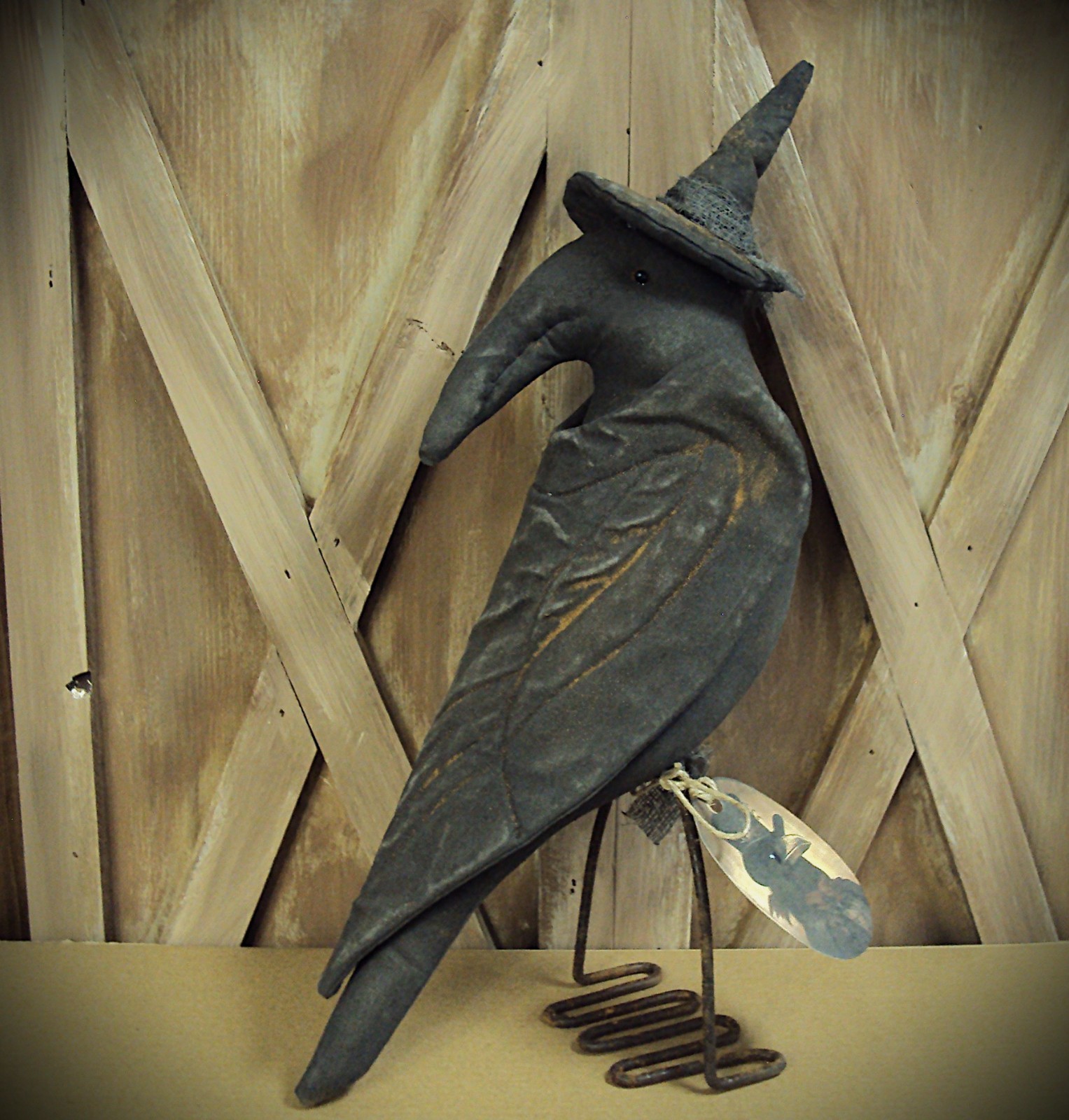 Primitive Folk Art Handmade Black Crow Doll Gothic Raven Halloween Witch Rustic