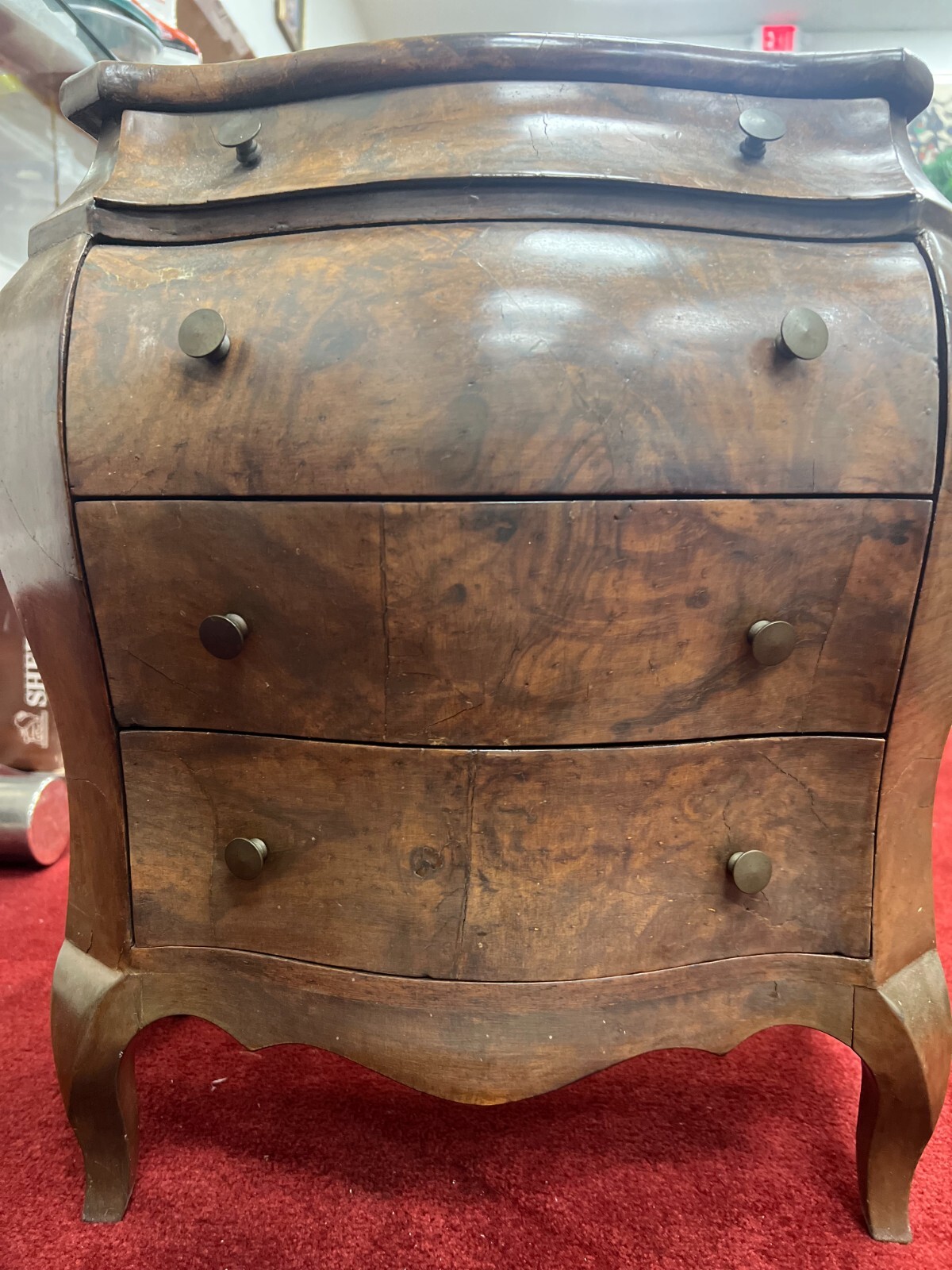 Vtg Miniature Italian Burl Olive Wood French Louis XV Style Bombe Commode Chest