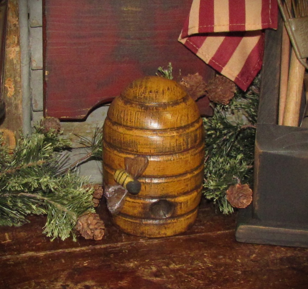 Prim Wood Hand Made Painted Honey Bee Skep Hive w/ Crafted Bumble Bee Decor USA
