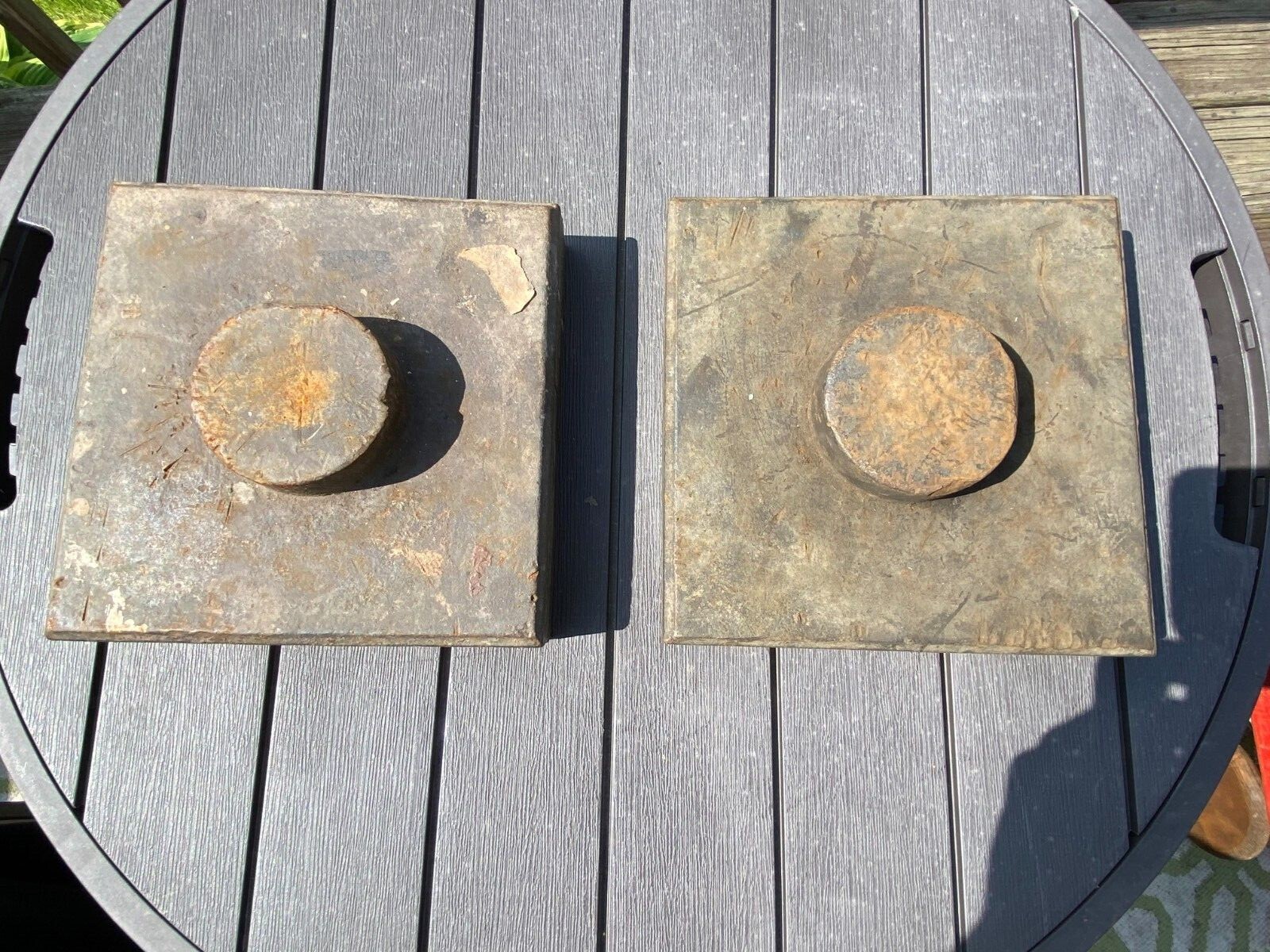 2 Vtg Steel Plates Molds Foundry Base 32lb EA Steampunk Square Round Anvil Form