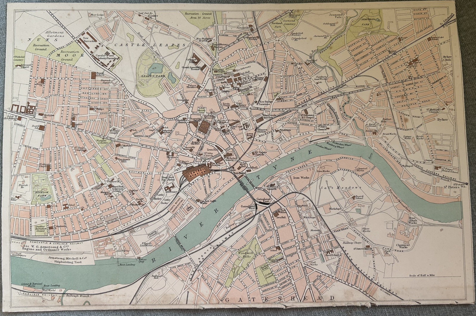 Antique Map of Newcastle-upon-Tyne. Bartolomew for the Royal Atlas. 1897