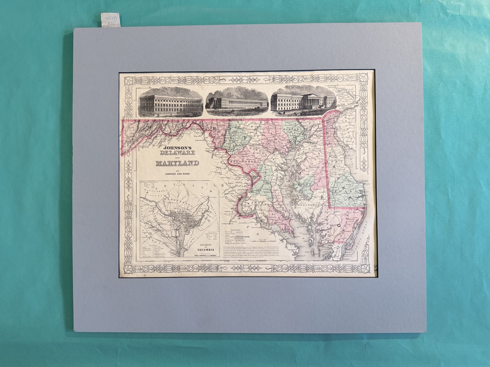 Antique 1863 Map Delaware Maryland Johnson Ward DC Inset Hand-Colored