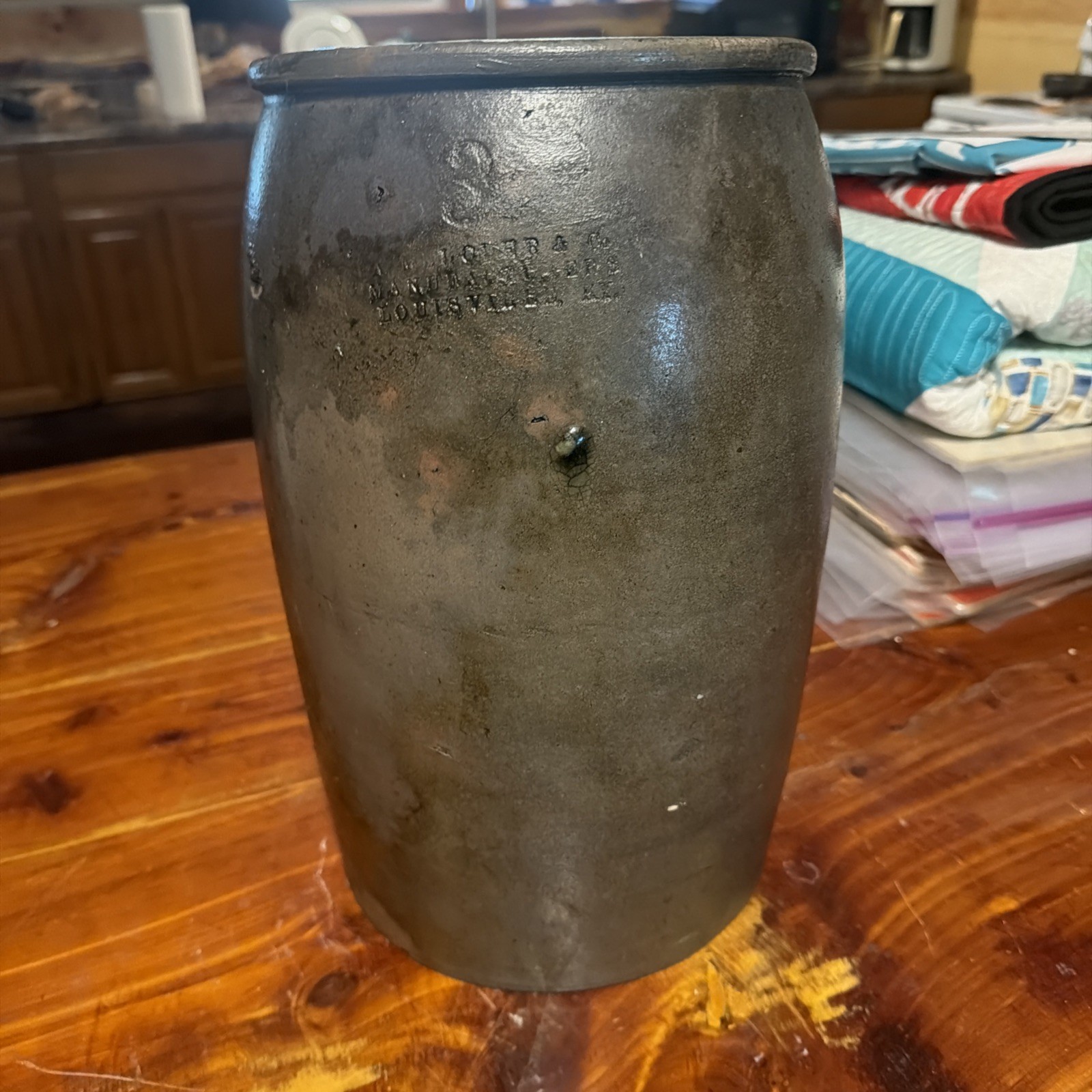 1850’s Melcher & Co. Primitive Brown Stoneware Pottery 3 Gal Crock Louisville Ky