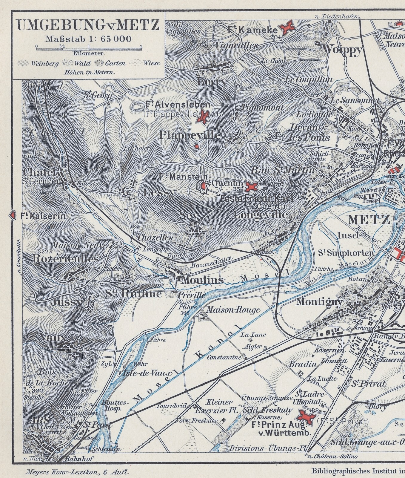 Metz & Vicinity – Original 1909 Map by Meyers. Antique. France