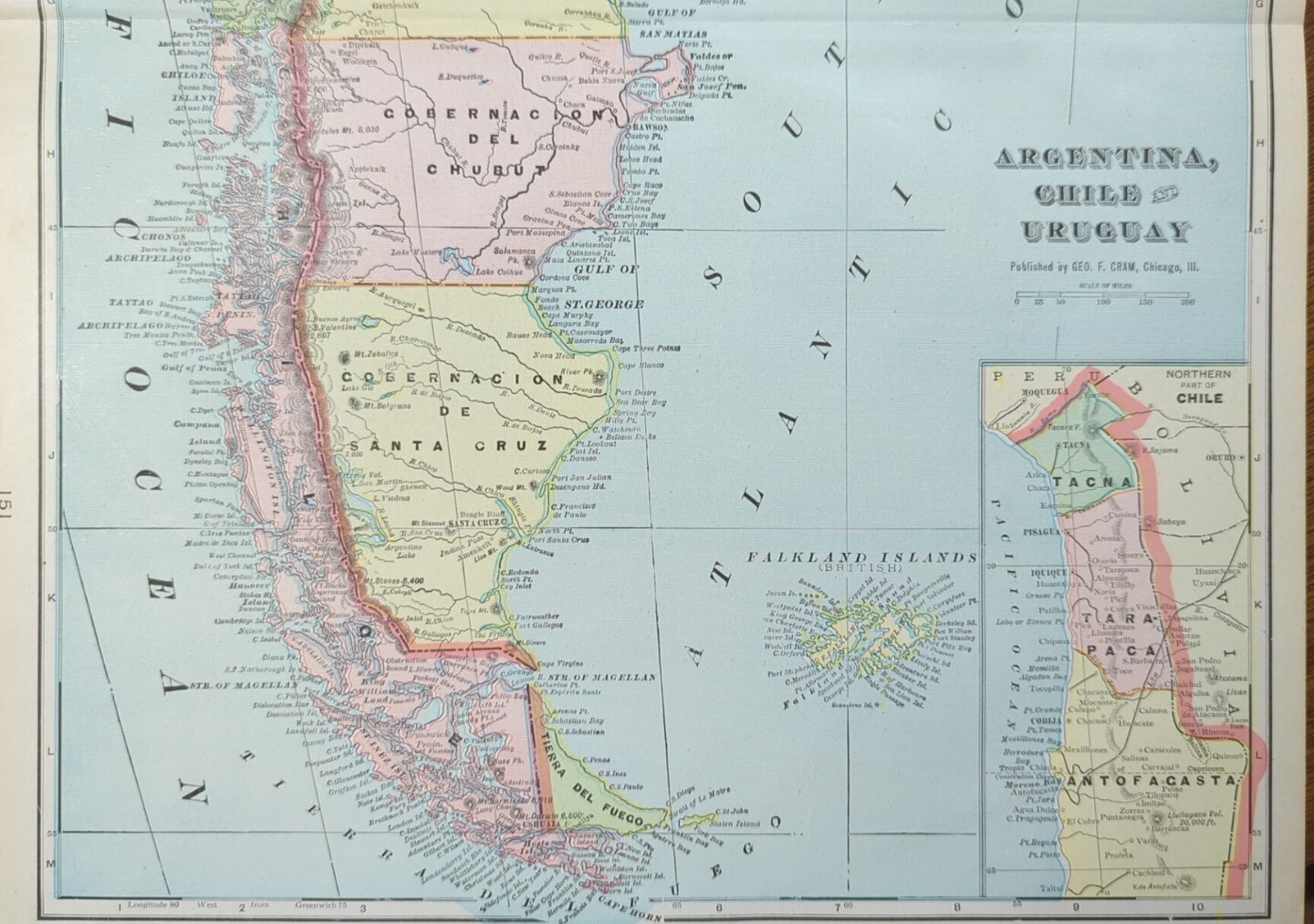Vintage 1902 ARGENTINA CHILE URUGUAY Map 14″x22″ ~ Old Antique Original SANTIAGO